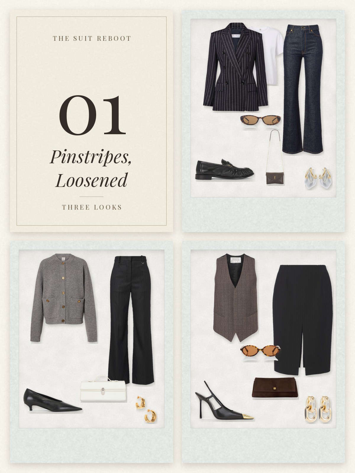 The Suit Reboot trend card and three pinstripe outfits laid flat in Polaroid frames