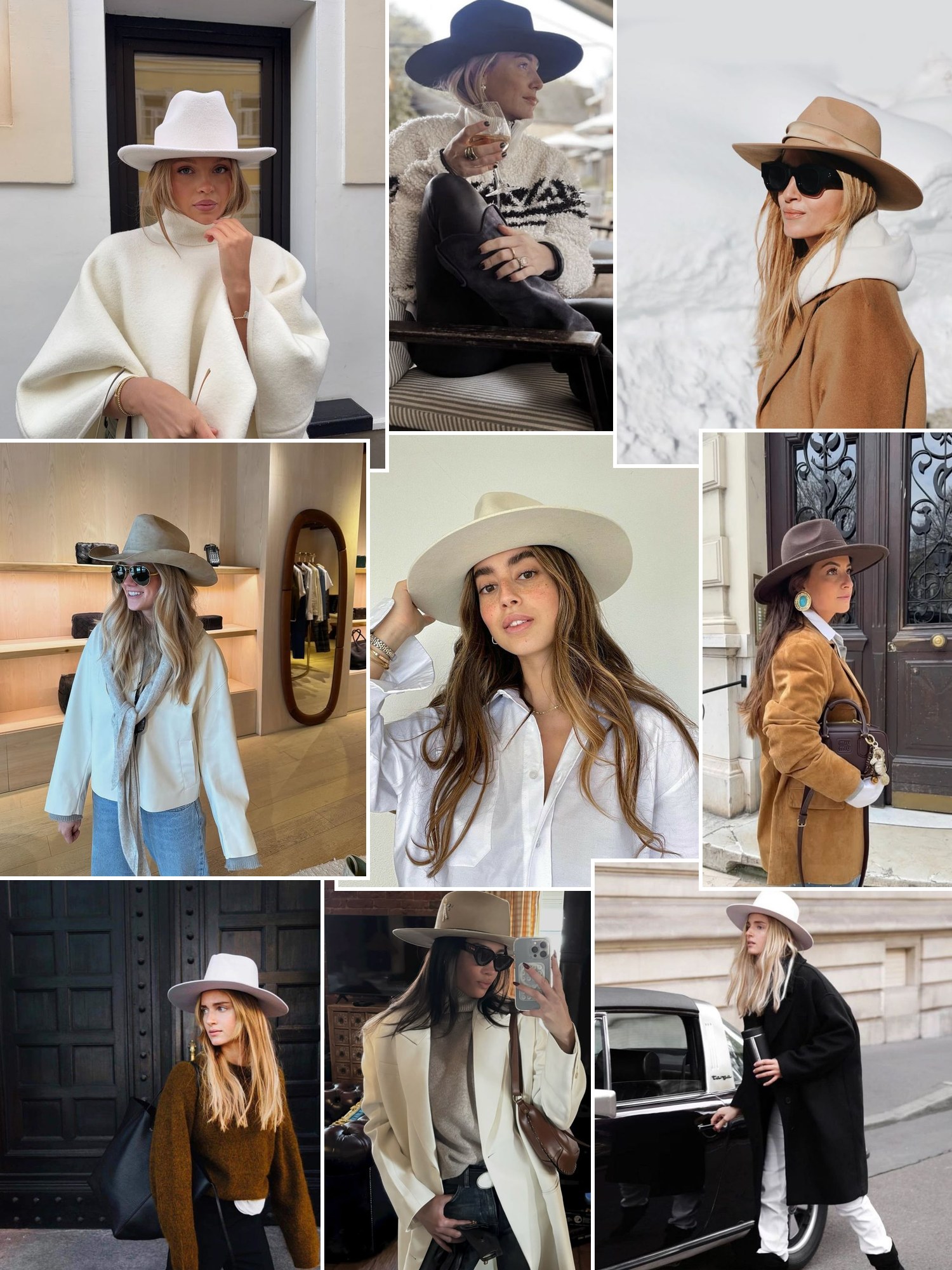 Street style collage of women in wide brim felt hats and fall coats