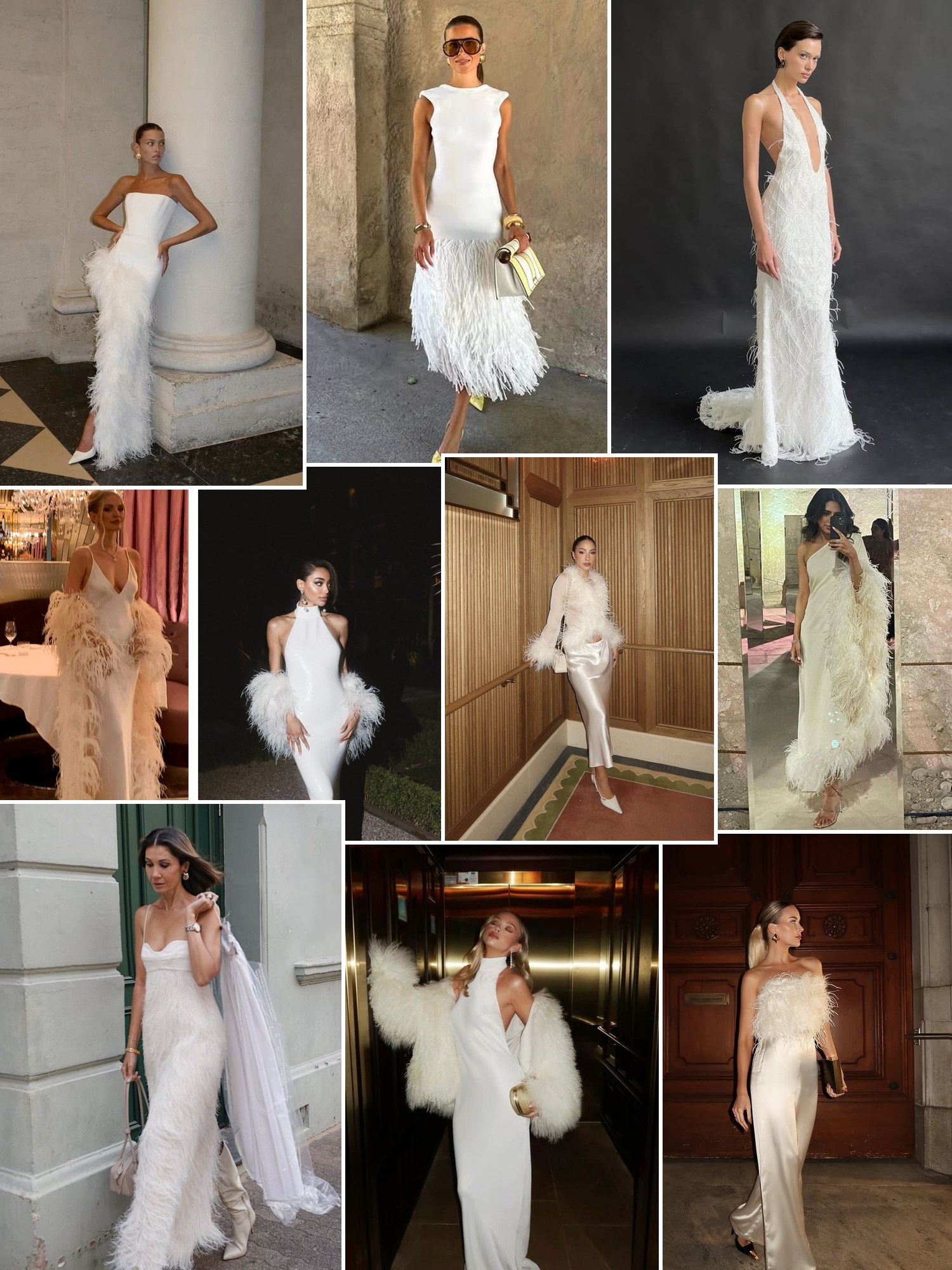 Collage of white feather dresses and gowns