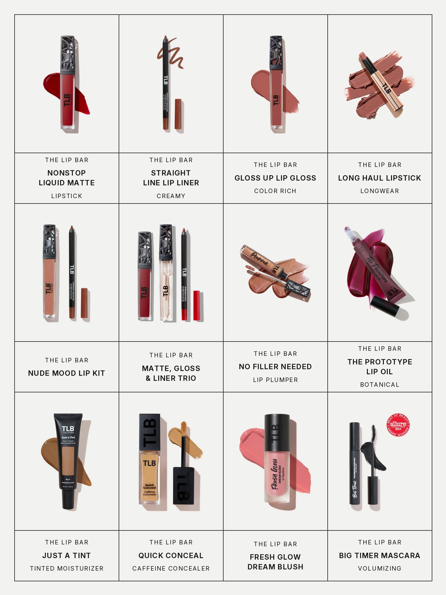 Twelve boxes on a pale grey page, one for each product in this edit, each with its brand and name printed below: The Lip Bar Nonstop Liquid Matte Lipstick, The Lip Bar Straight Line Creamy Lip Liner, The Lip Bar Gloss Up Color Rich Lip Gloss, The Lip Bar Long Haul Longwear Lipstick, The Lip Bar Nude Mood Lip Kit, The Lip Bar Liquid Matte, Lip Gloss and Lip Liner Trio, The Lip Bar No Filler Needed Volumizing Lip Plumper, The Lip Bar The Prototype Botanical Lip Oil, The Lip Bar Just a Tint 3-in-1 Tinted Skin Moisturizer, The Lip Bar Quick Conceal Liquid Caffeine Concealer, The Lip Bar Fresh Glow Dream Blush and The Lip Bar Big Timer Volumizing Mascara.