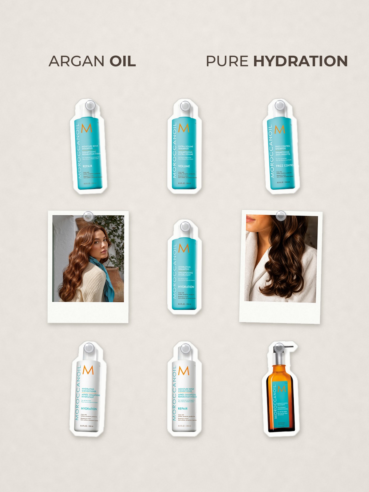 Cut-out product collage with two campaign-style photos: Moroccanoil Hydrating Shampoo (8.5 fl oz); Moroccanoil Moisture Repair Shampoo; Moroccanoil Extra Volume Shampoo; Moroccanoil Frizz Control Shampoo; Moroccanoil Hydrating Conditioner; Moroccanoil Moisture Repair Conditioner; Moroccanoil Treatment Hair Oil