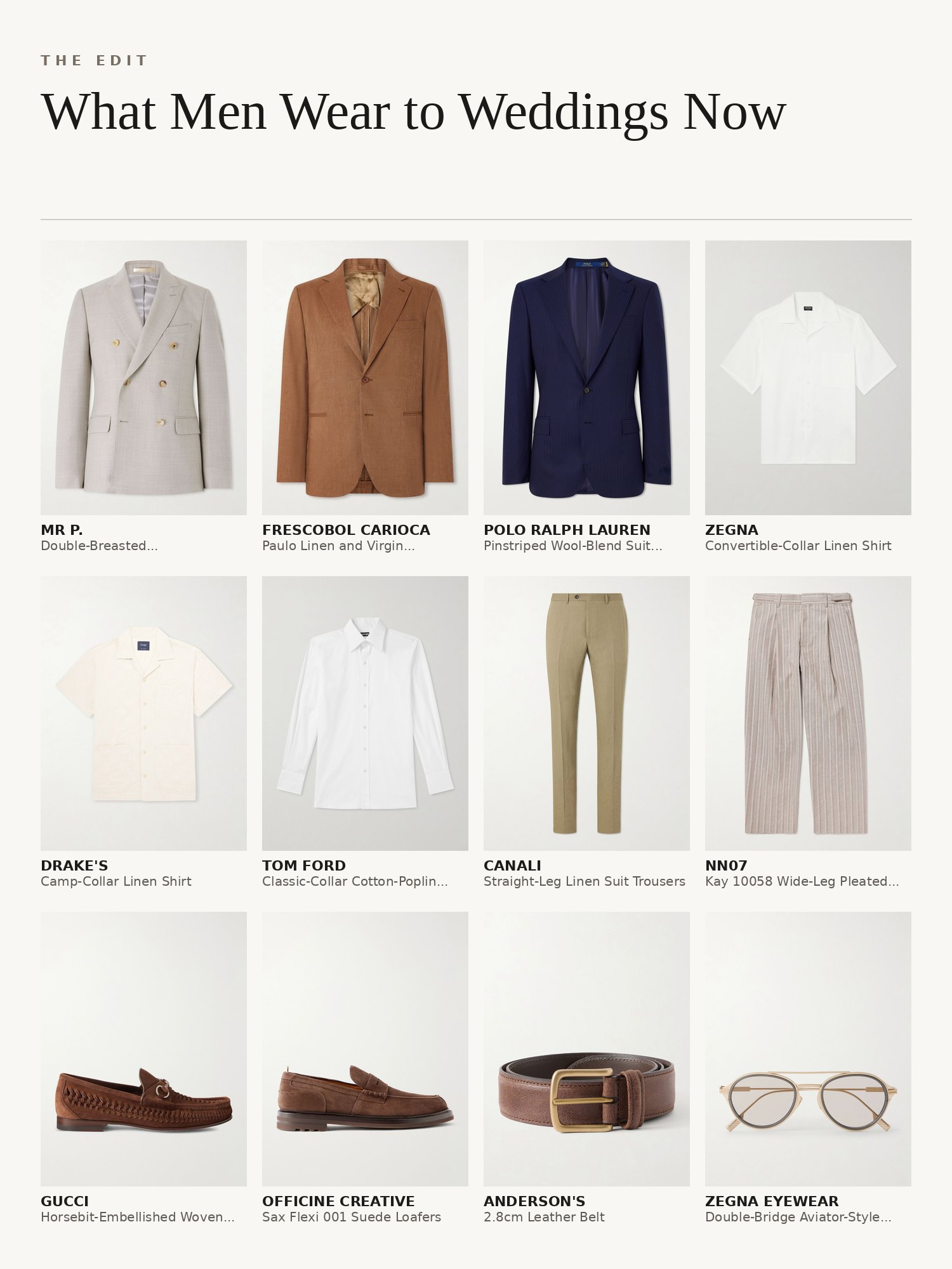 Collage of wedding guest menswear: suit jackets, linen shirts, pleated trousers, penny loafers, belts and pocket squares
