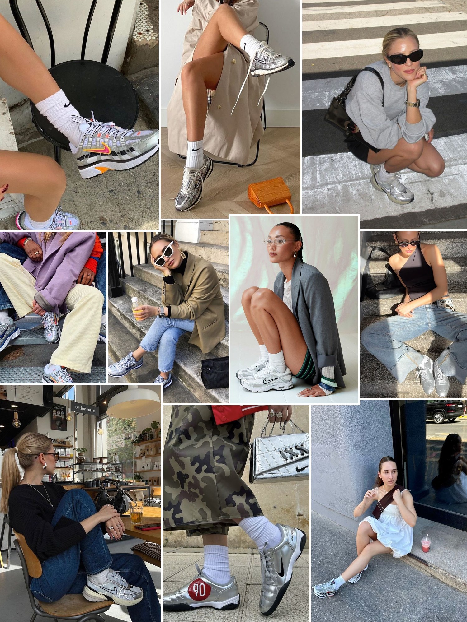 Collage of silver runner sneakers in street style