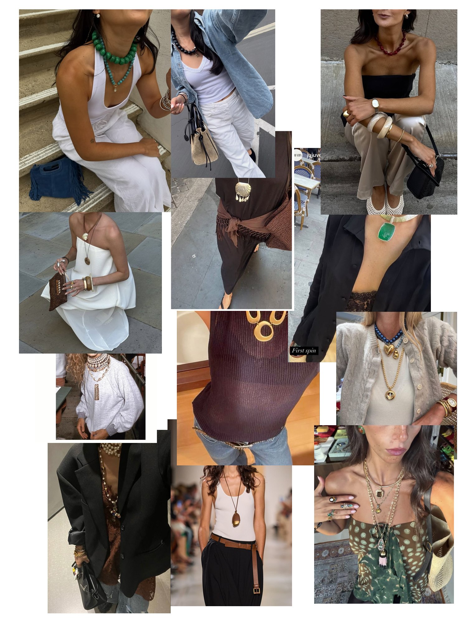Street-style collage of 12 outfit photos featuring necklace, scattered and overlapping