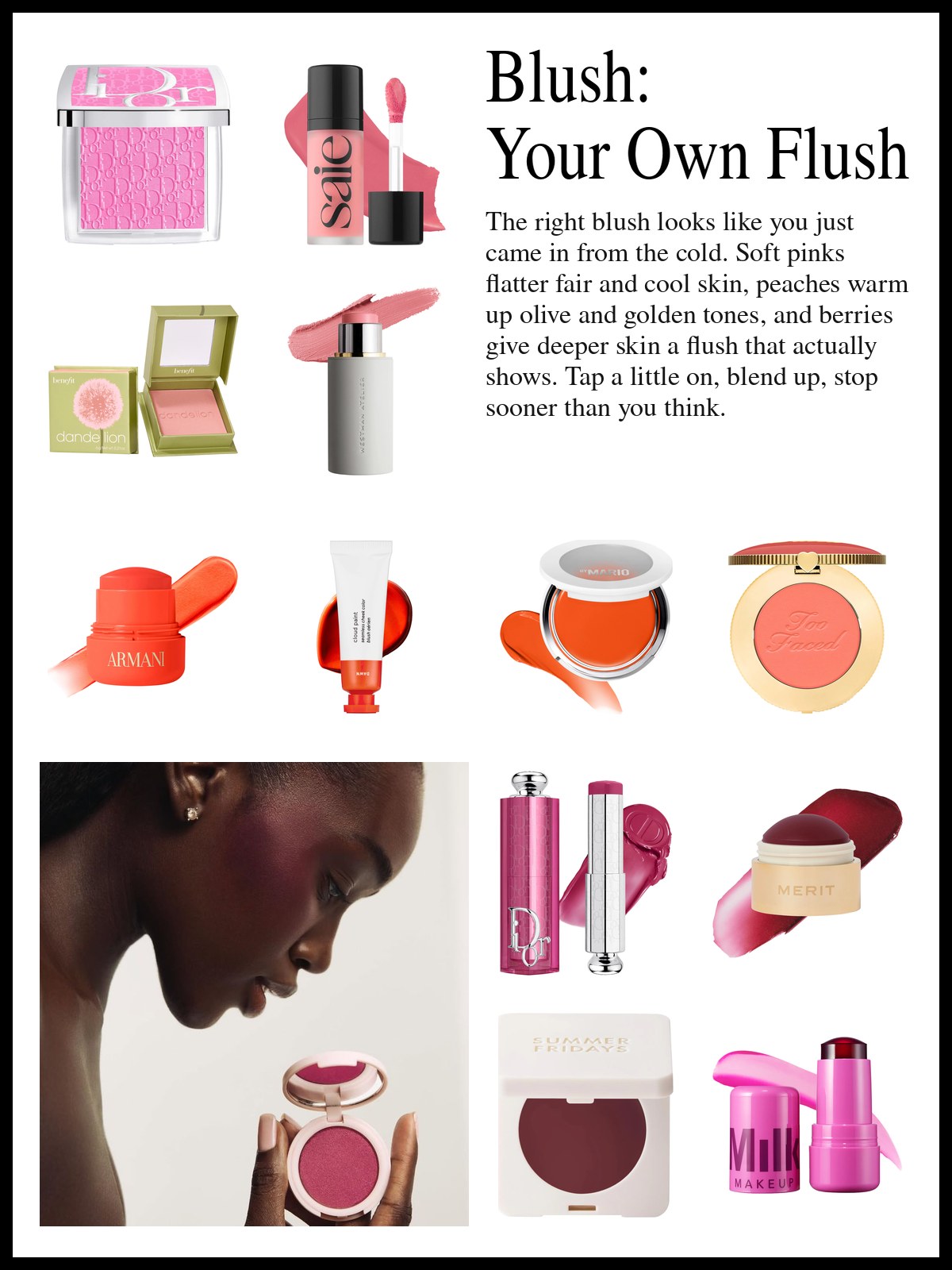 Collage of pink, peach and berry blushes beside a photo of a woman holding a blush compact.