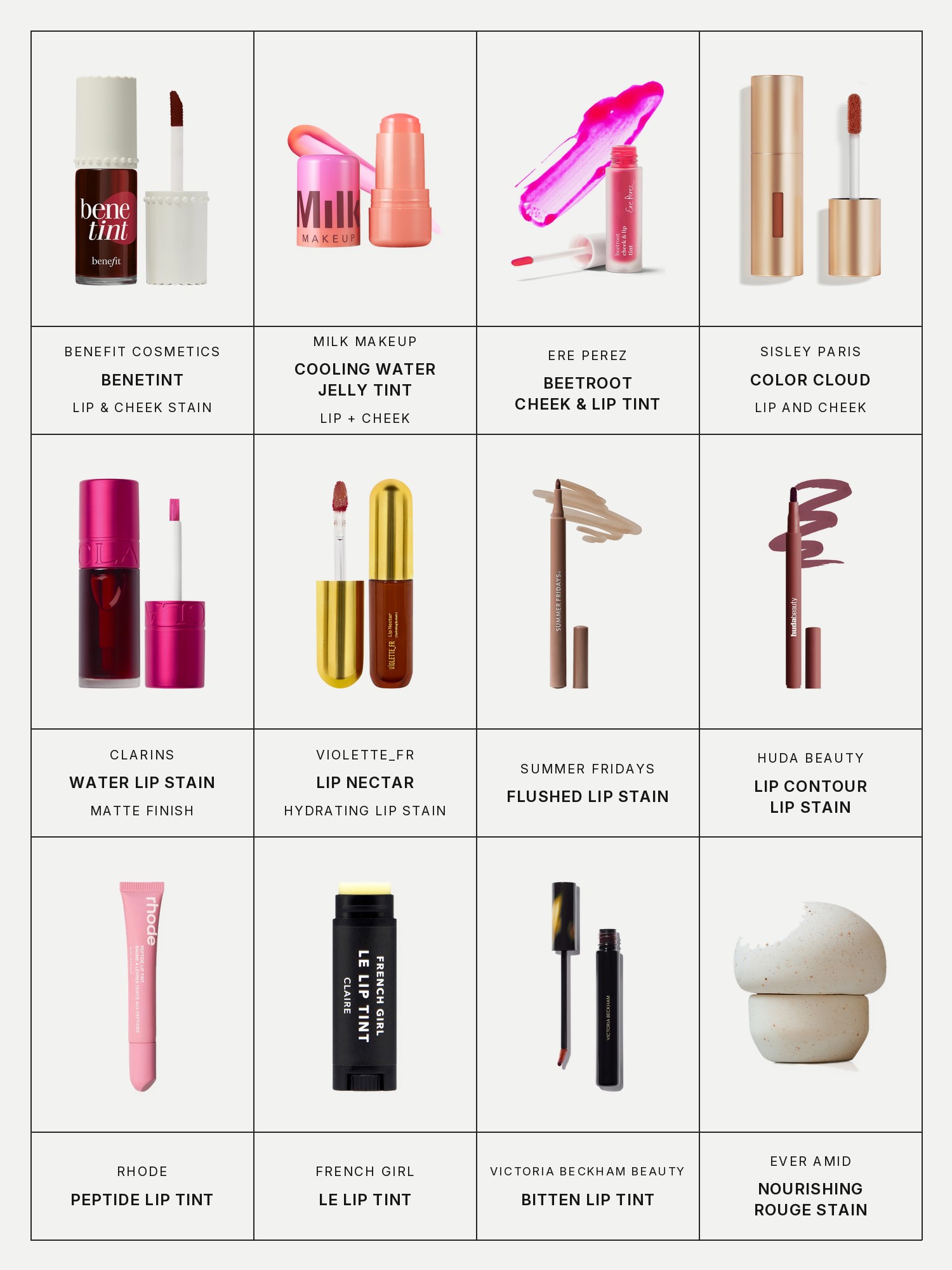 Twelve boxes on a pale grey page, one for each product in this edit, each with its brand and name printed below: Benefit Cosmetics Benetint, Milk Makeup Cooling Water Jelly Tint, Ere Perez Beetroot Cheek & Lip Tint, Sisley Paris Color Cloud, Clarins Water Lip Stain, Violette_FR Lip Nectar, Summer Fridays Flushed Lip Stain, Huda Beauty Lip Contour Lip Stain, Rhode Peptide Lip Tint, French Girl Le Lip Tint, Victoria Beckham Beauty Bitten Lip Tint and Ever Amid Nourishing Rouge Stain.