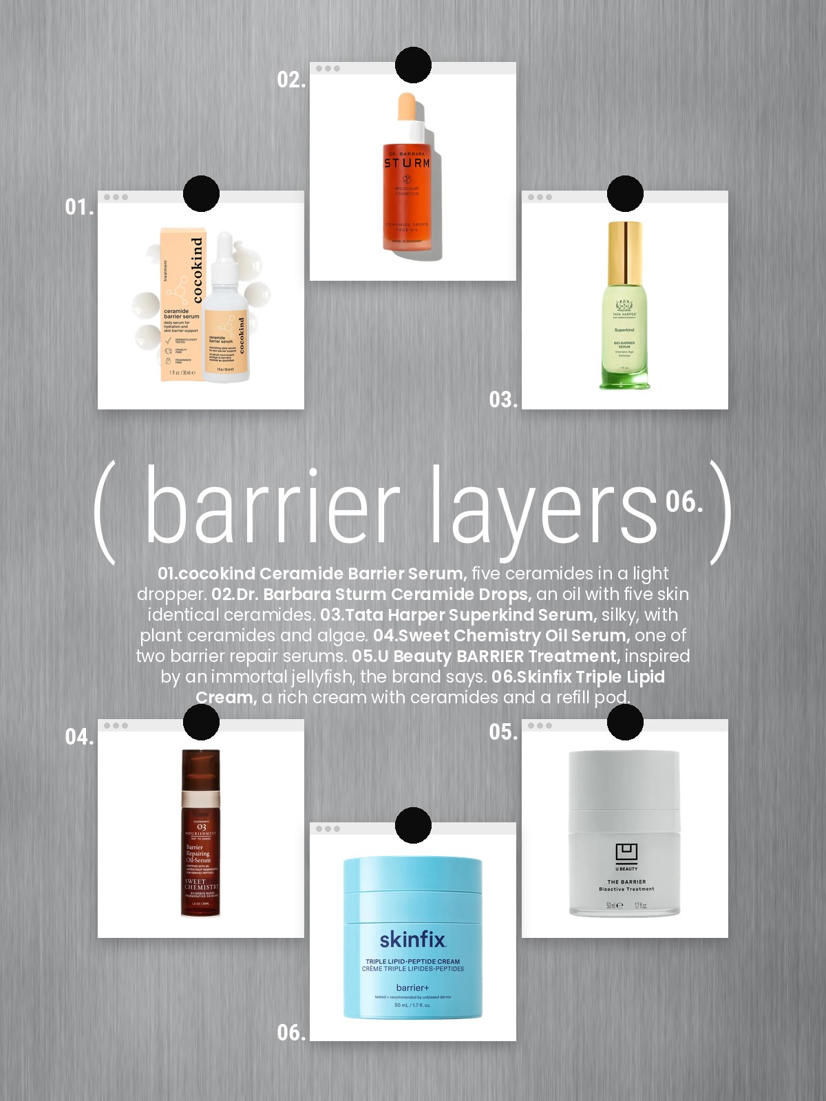 Loved lately cards collage of barrier serums and creams from cocokind, Dr. Barbara Sturm, Tata Harper, Sweet Chemistry, U Beauty, and Skinfix.