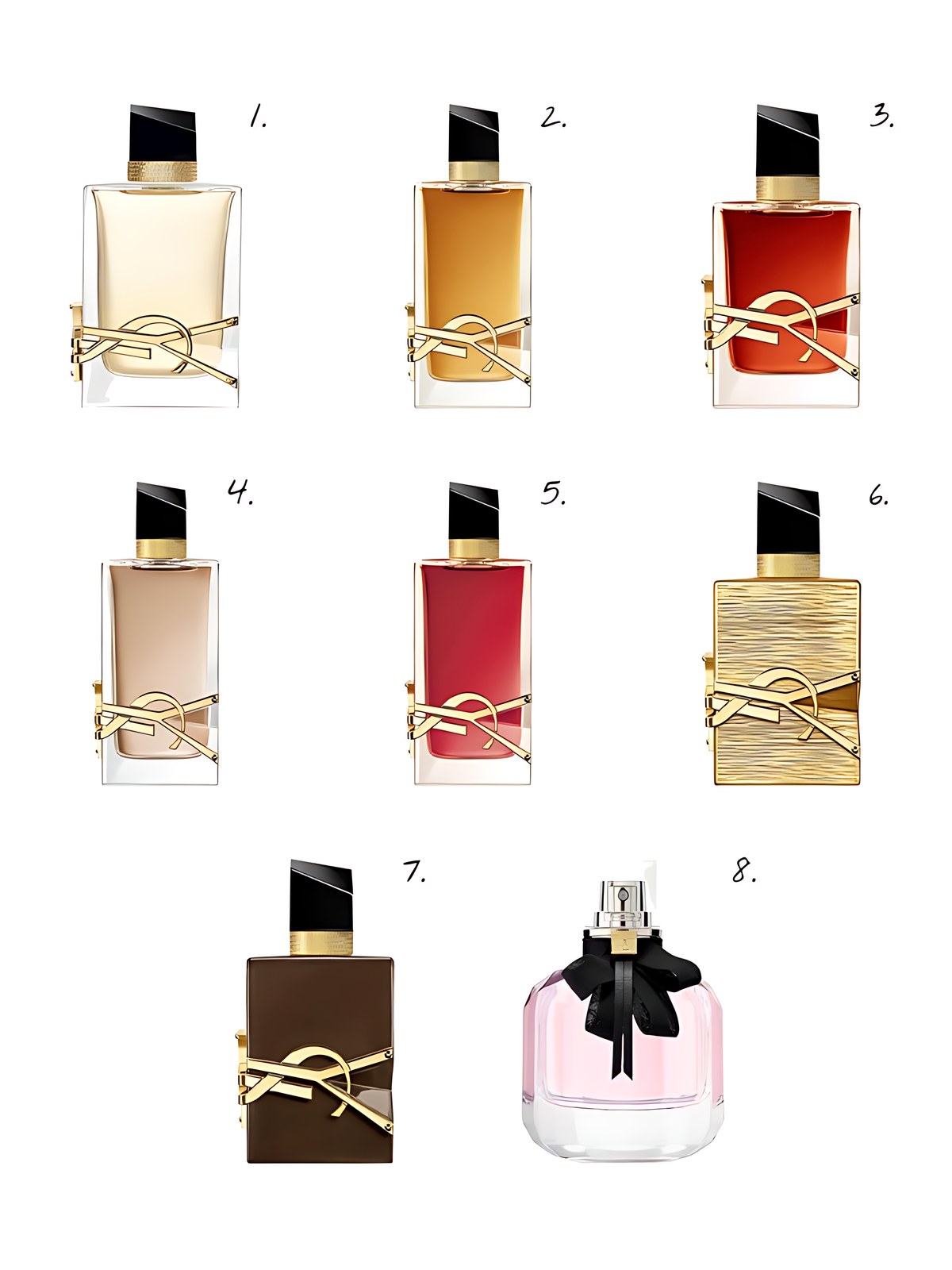 Numbered collage: 1. Yves Saint Laurent Libre Eau De Parfum with Orange Blossom & Lavender; 2. Yves Saint Laurent LIBRE Eau de Parfum Intense with Warm Vanilla & Orange Blossom; 3. Yves Saint Laurent Libre Le Parfum with Orange Blossom & Saffron; 4. Yves Saint Laurent Libre Flowers & Flames Eau de Parfum Spray with Coco- Palm Tree Flower & Lily Flower; 5. Yves Saint Laurent Libre Berry Crush Eau De Parfum with Raspberry; 6. Yves Saint Laurent LIBRE Vanille Couture Eau de Parfum with Vanilla and Orange Blossom; 7. Yves Saint Laurent LIBRE Santal Eau de Parfum; 8. Yves Saint Laurent Mon Paris Eau de Parfum Patchouli & Florals