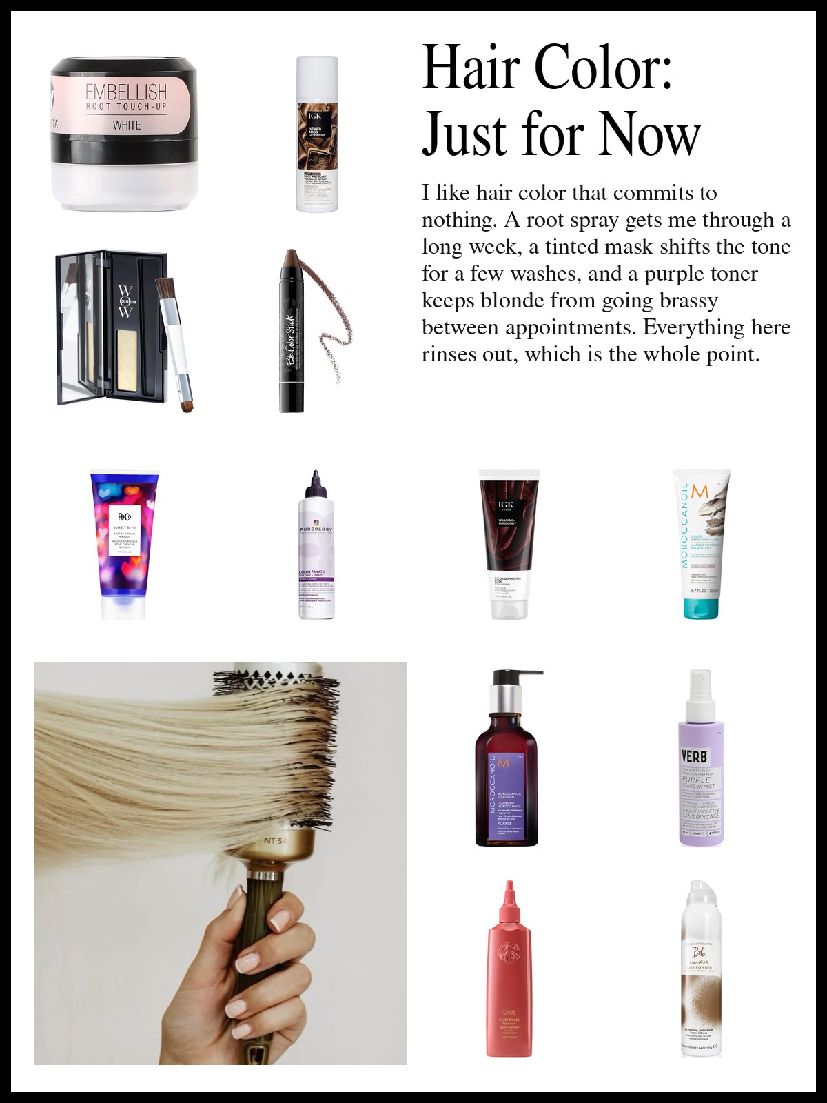 Collage of root touch-up sprays, color depositing masks and purple toners beside a photo of blonde hair on a round brush.