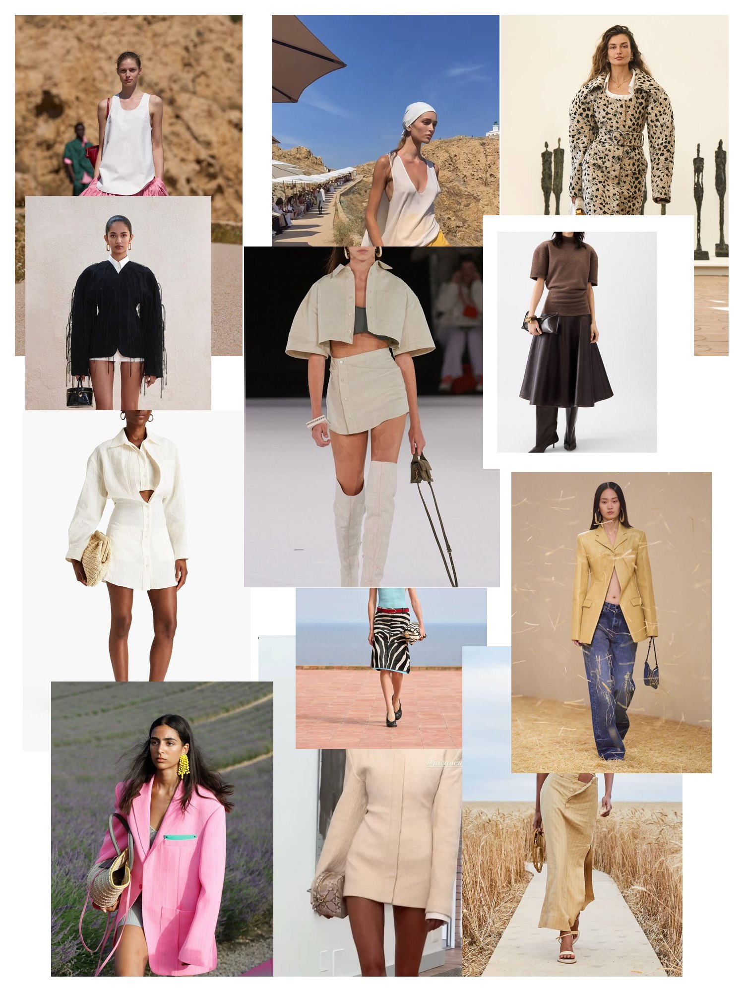 Street-style collage of 12 outfit photos featuring jacquemus, scattered and overlapping