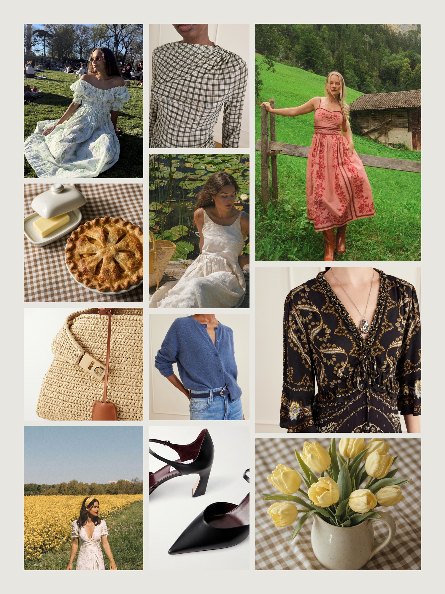 Mood board of cottagecore outfits in brown gingham and butter yellow