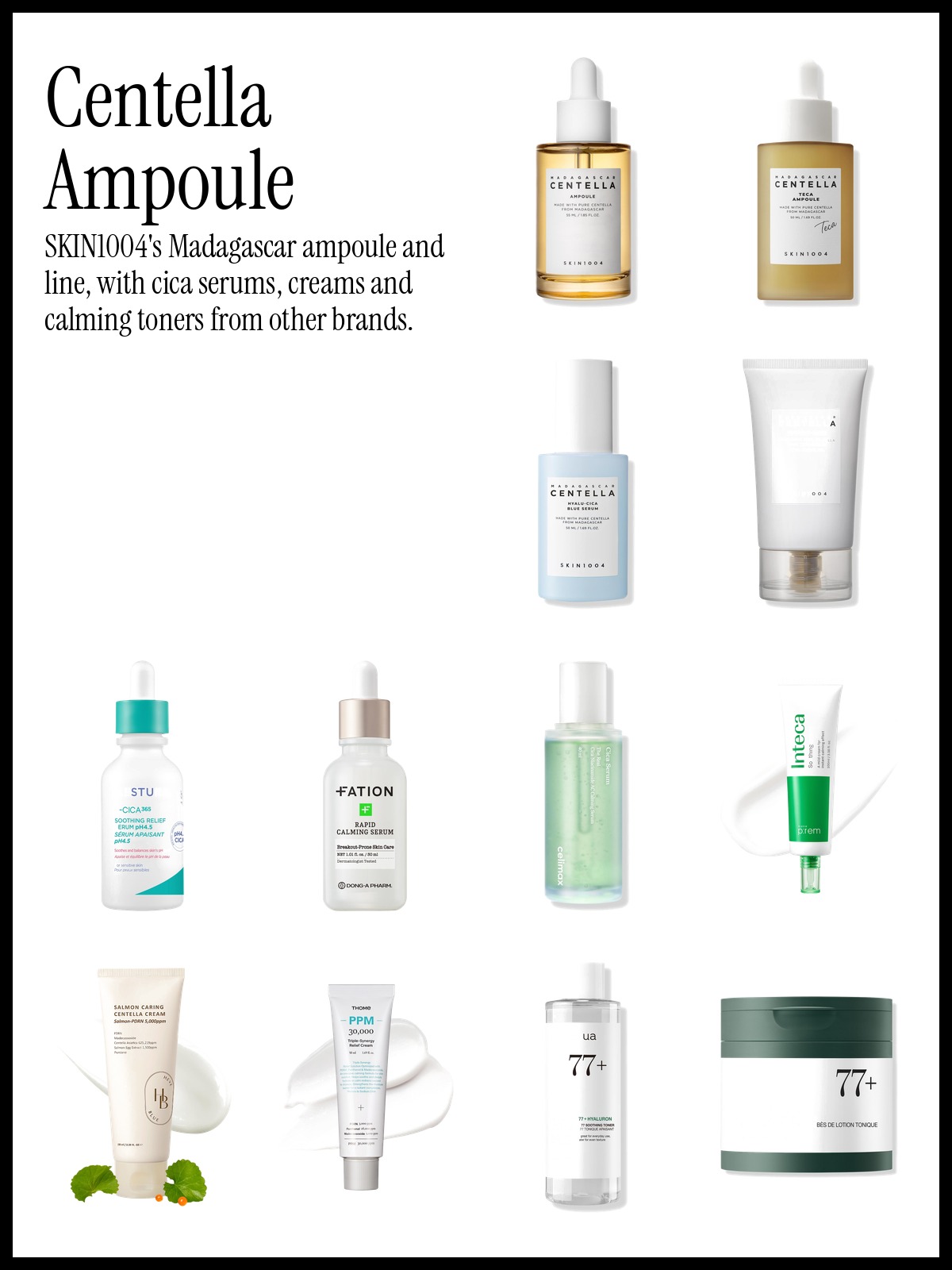 Collage of SKIN1004 Madagascar Centella Ampoule, AESTURA A-CICA365 Soothing Redness Relief Face Serum and make p:rem Inteca Advanced CICA Soothing Cream