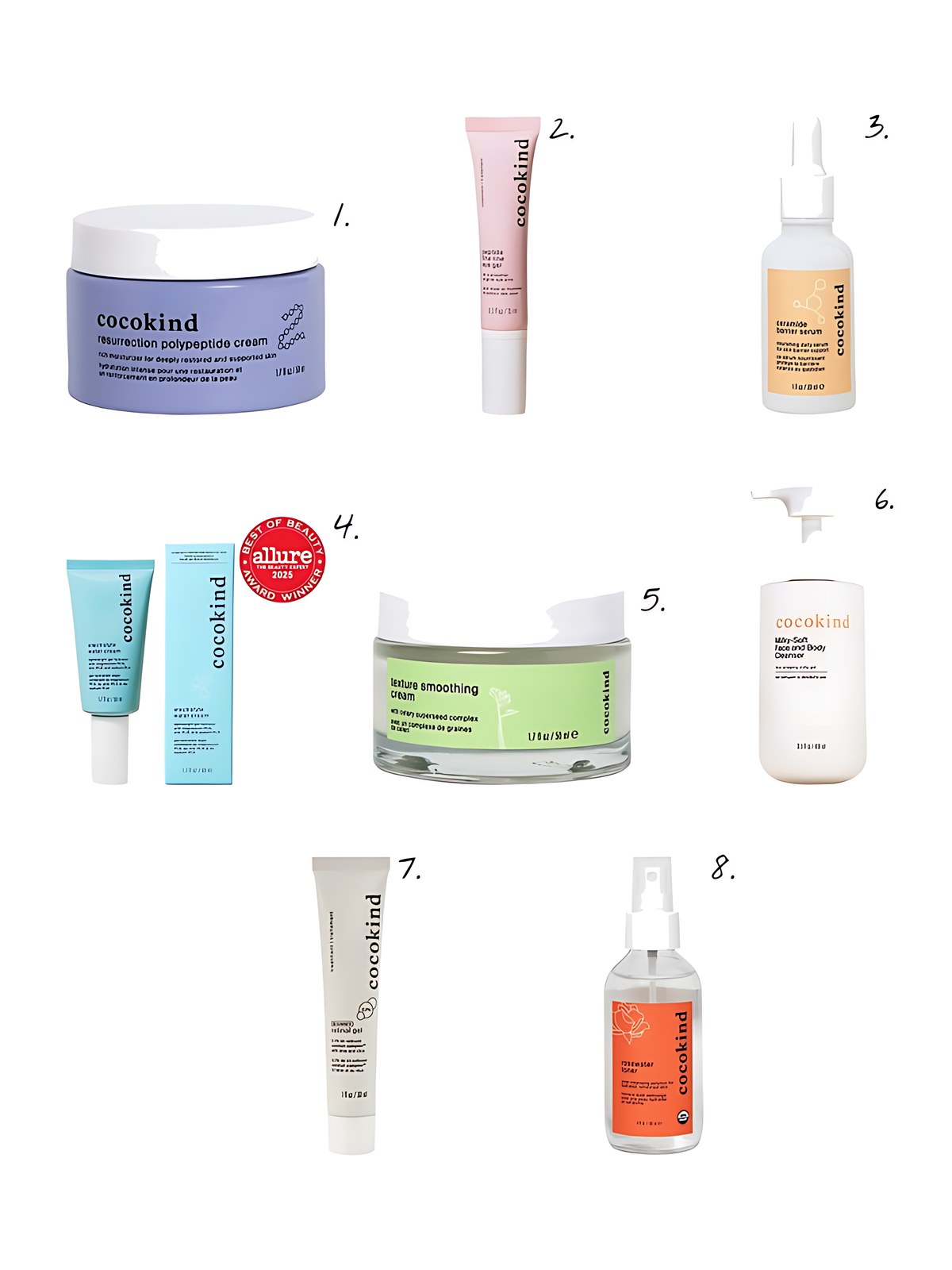 Numbered collage: 1. cocokind resurrection polypeptide cream; 2. cocokind peptide fine line eye gel; 3. cocokind ceramide barrier serum; 4. cocokind electrolyte water cream; 5. cocokind texture smoothing cream; 6. cocokind milky-soft face and body cleanser; 7. cocokind beginner retinol gel 0.1%; 8. cocokind rosewater facial toner