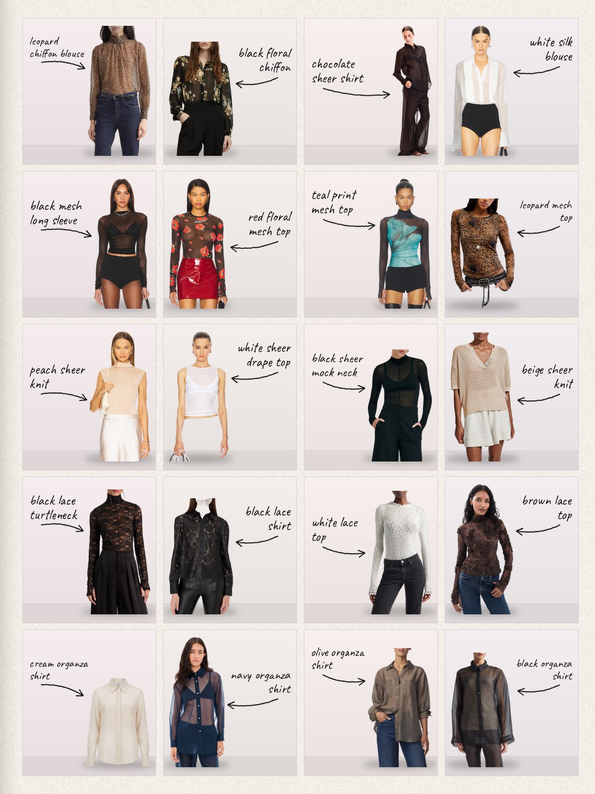 Collage of 20 pieces for sheer tops