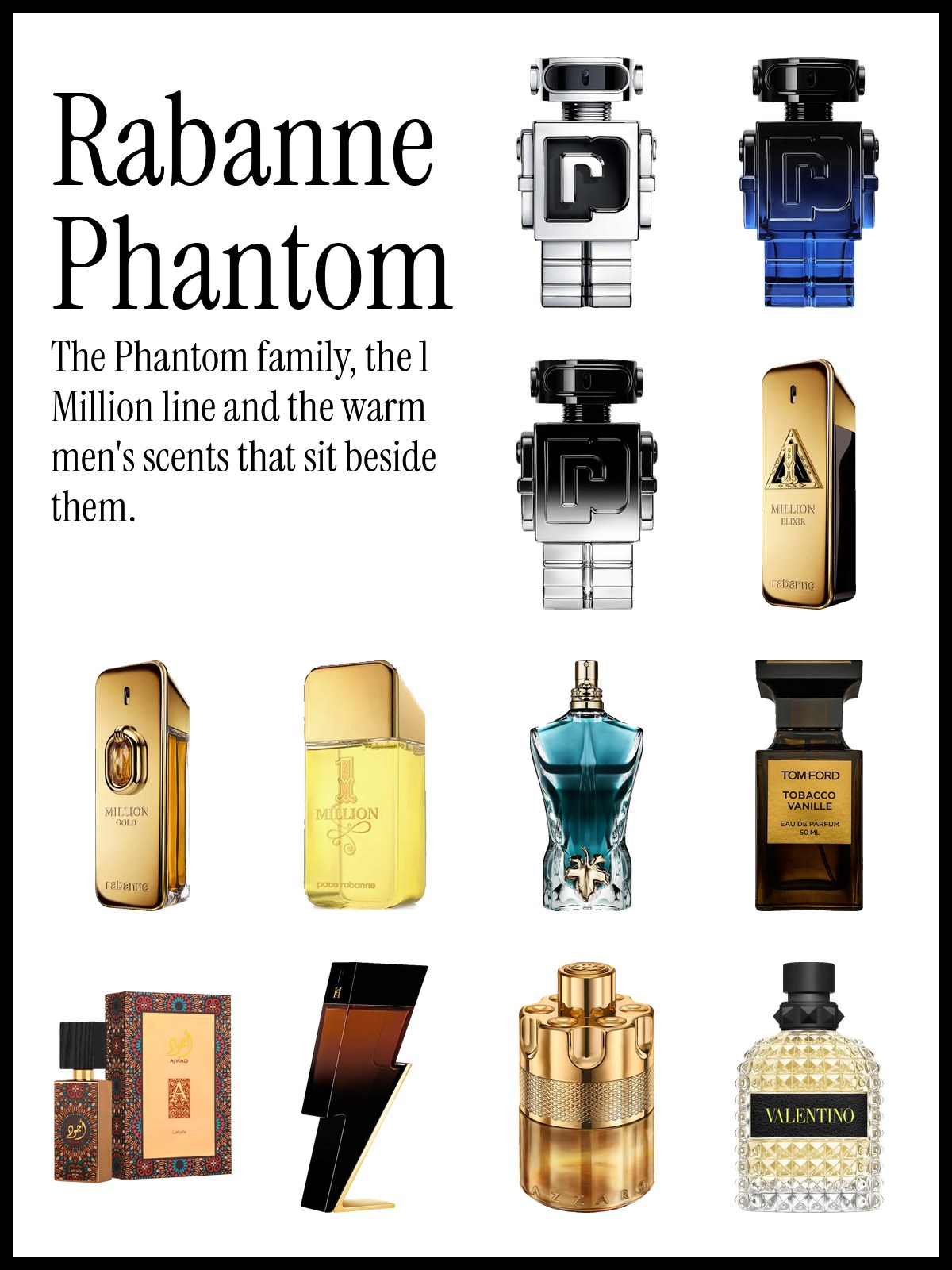Collage of Rabanne Phantom Eau de Toilette, Phantom Intense and Phantom Elixir with 1 Million Elixir, Million Gold Elixir, Le Beau, Tobacco Vanille and Bad Boy Elixir