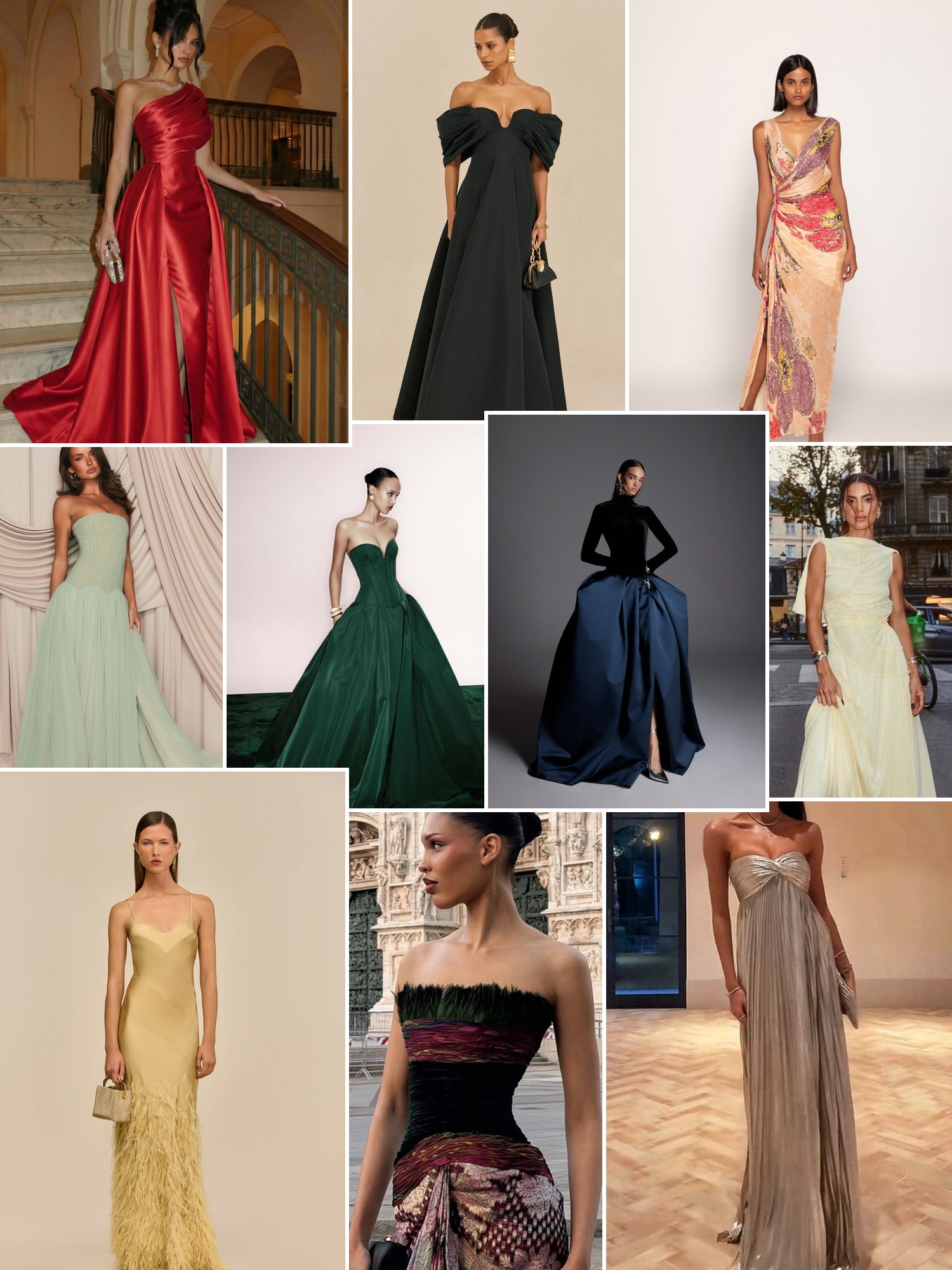 Collage of ball gowns and column dresses