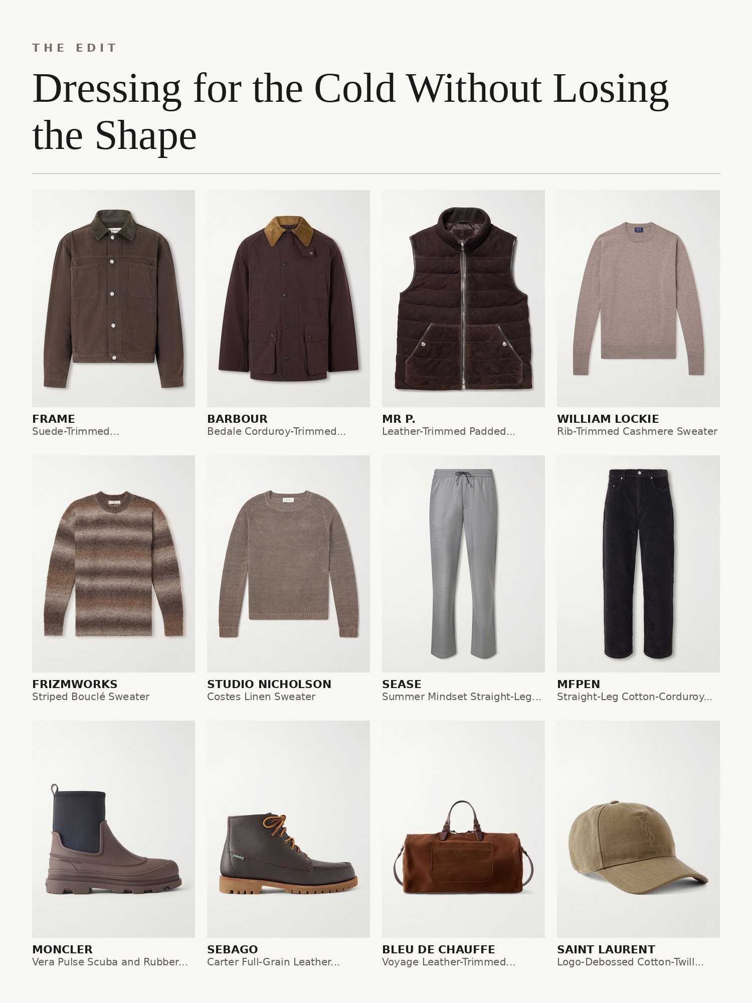 Collage of winter menswear: jackets and gilets, knit sweaters, straight-leg trousers, leather boots and loafers, a cashmere scarf and a weekend bag