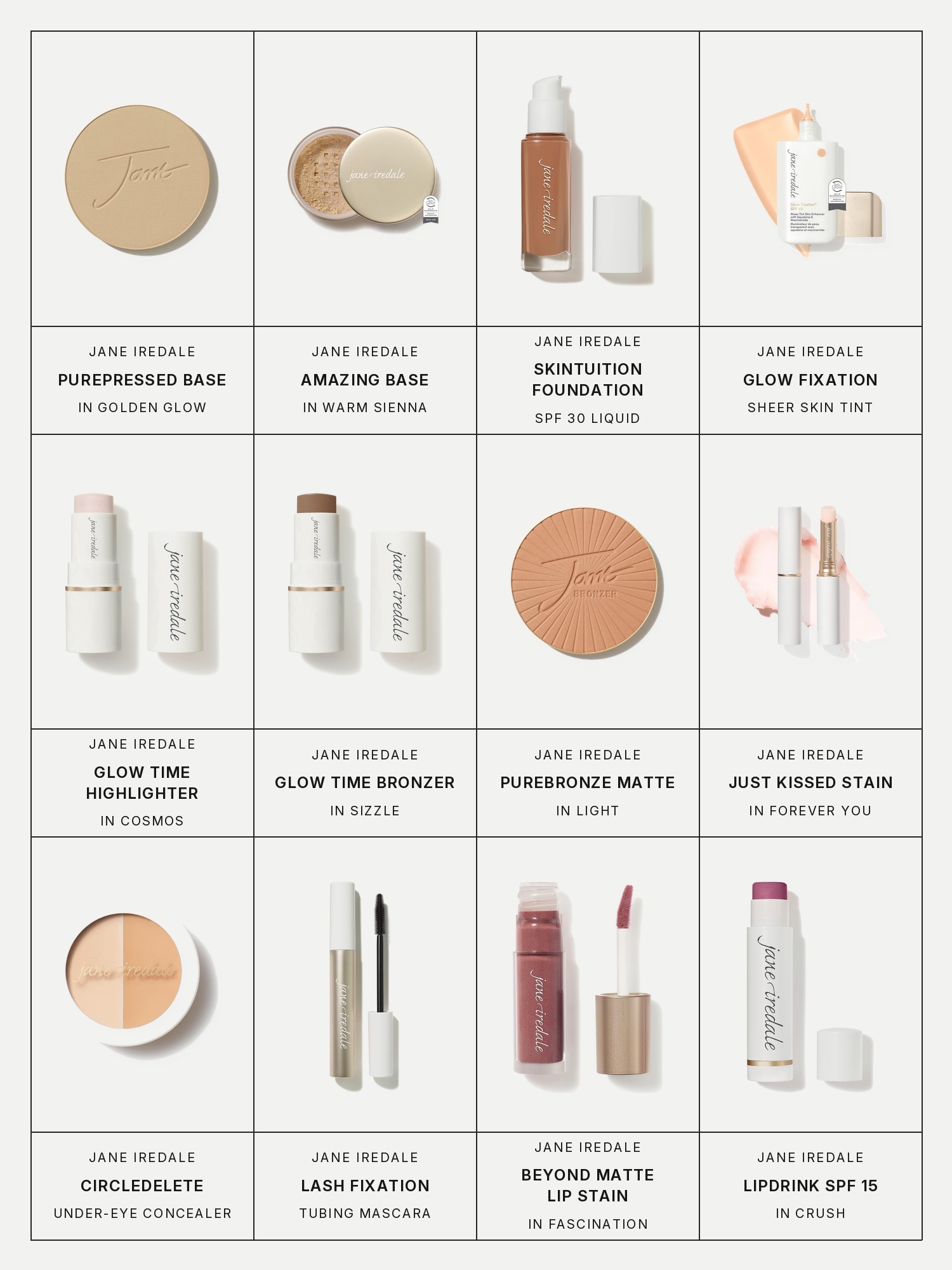 Twelve boxes on a pale gray page, one for each product in this edit, each with its brand and name printed below: Jane Iredale PurePressed Base Mineral Foundation in Golden Glow, Jane Iredale Amazing Base Loose Mineral Powder SPF 20 in Warm Sienna, Jane Iredale Skintuition SPF 30 Radiance-Boosting Liquid Foundation, Jane Iredale Glow Fixation Sheer Skin Tint, Jane Iredale Glow Time Highlighter Stick in Cosmos, Jane Iredale Glow Time Bronzer Stick in Sizzle, Jane Iredale PureBronze Matte Bronzer in Light, Jane Iredale Just Kissed Lip and Cheek Stain in Forever You, Jane Iredale CircleDelete Under-Eye Concealer, Jane Iredale Lash Fixation Tubing Mascara, Jane Iredale Beyond Matte Lip Fixation Lip Stain in Fascination and Jane Iredale LipDrink SPF 15 Lip Balm in Crush.
