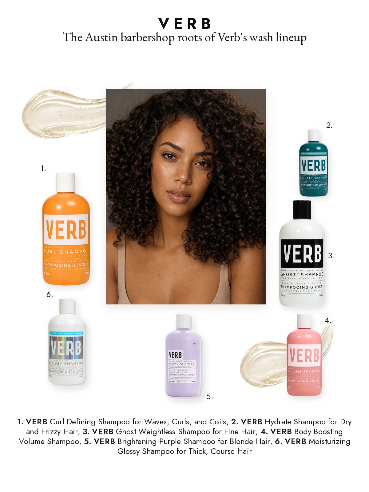 Magazine page featuring Verb Ghost, Hydrate, Volume, Purple, Curl and Glossy shampoos.