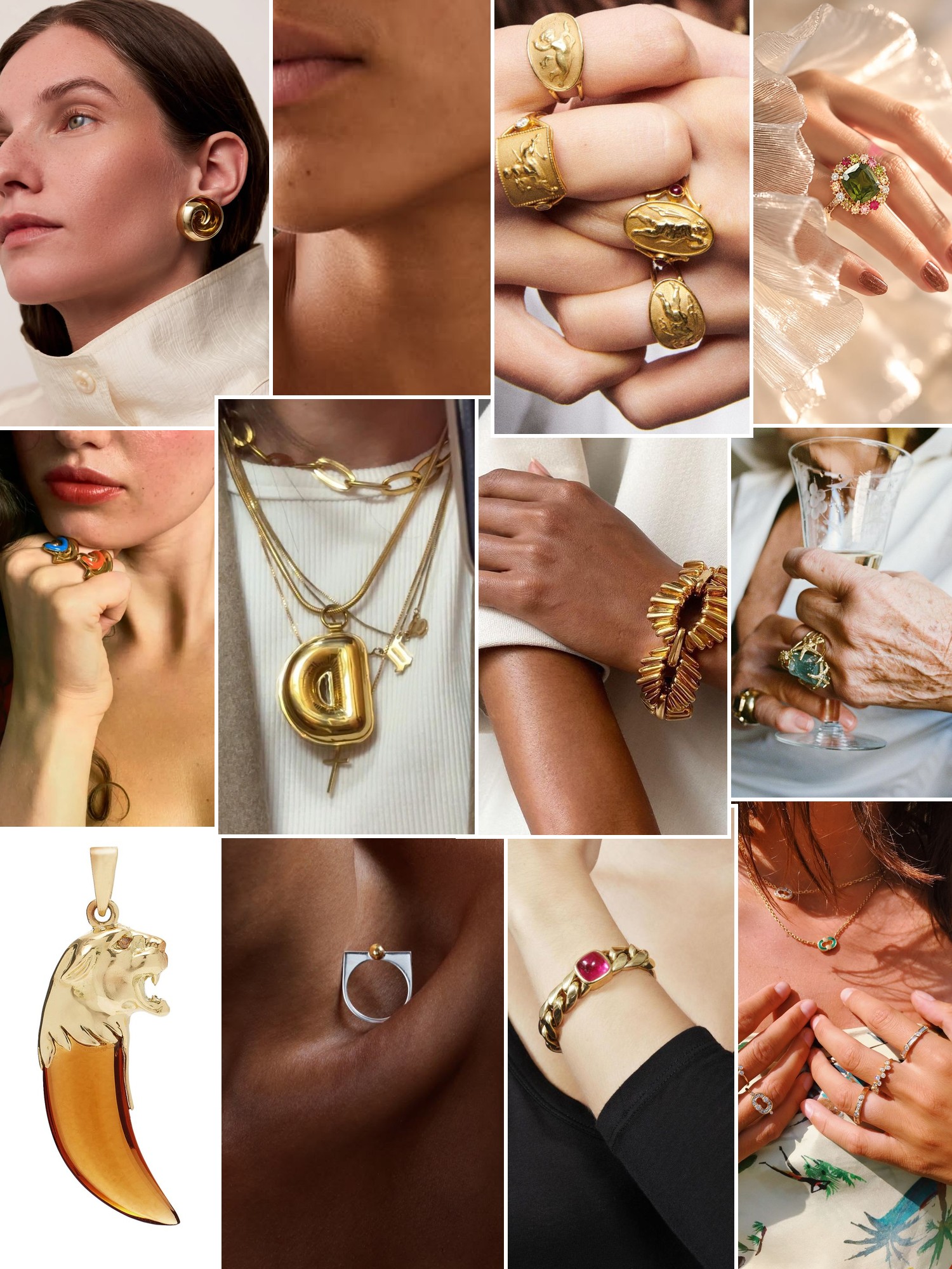 Collage of rings, earrings and layered necklaces worn up close, in the spirit of Renato Cipullo