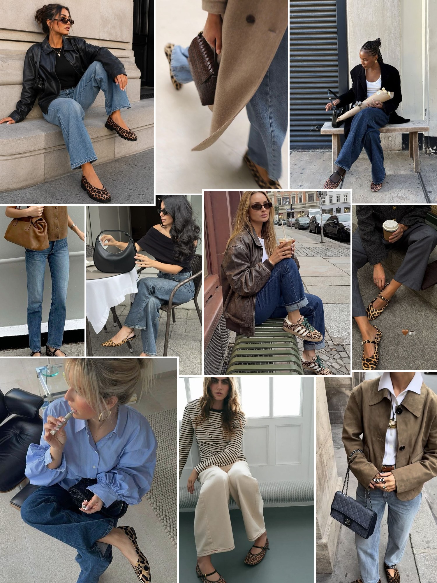 Collage of everyday outfits built around leopard flats