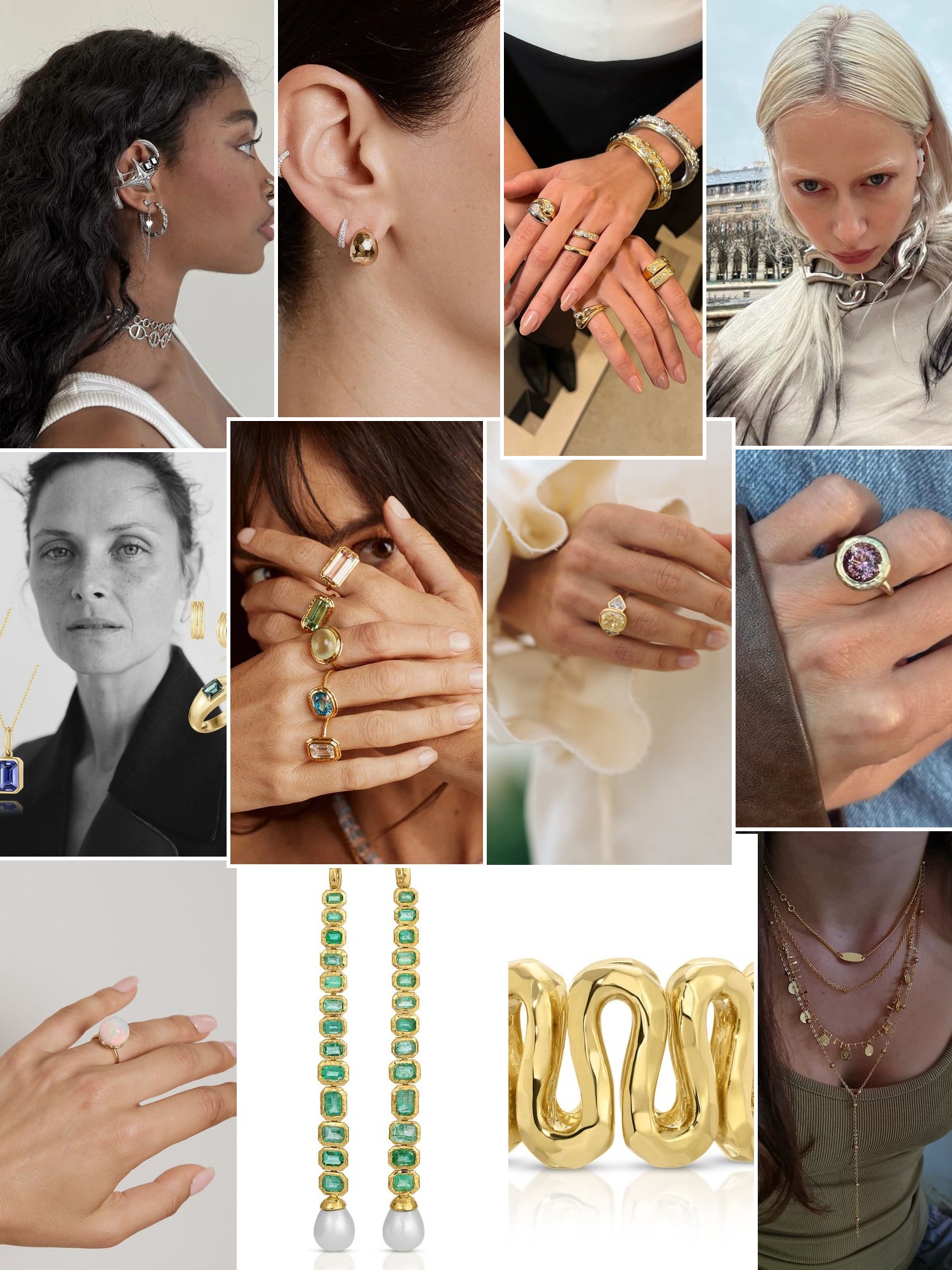 Collage of rings, earrings and layered necklaces worn up close, in the spirit of Octavia Elizabeth