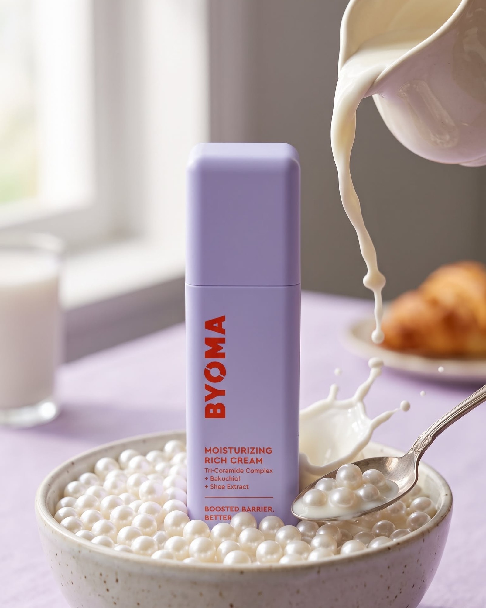 Lilac BYOMA Moisturizing Rich Cream bottle standing in a bowl of white pearls with milk being poured from a jug, a croissant in the background