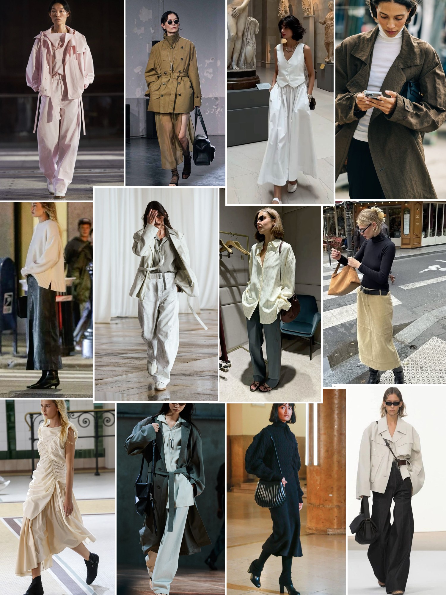 Collage of runway looks, campaign shots and street style outfits that capture the Lemaire mood