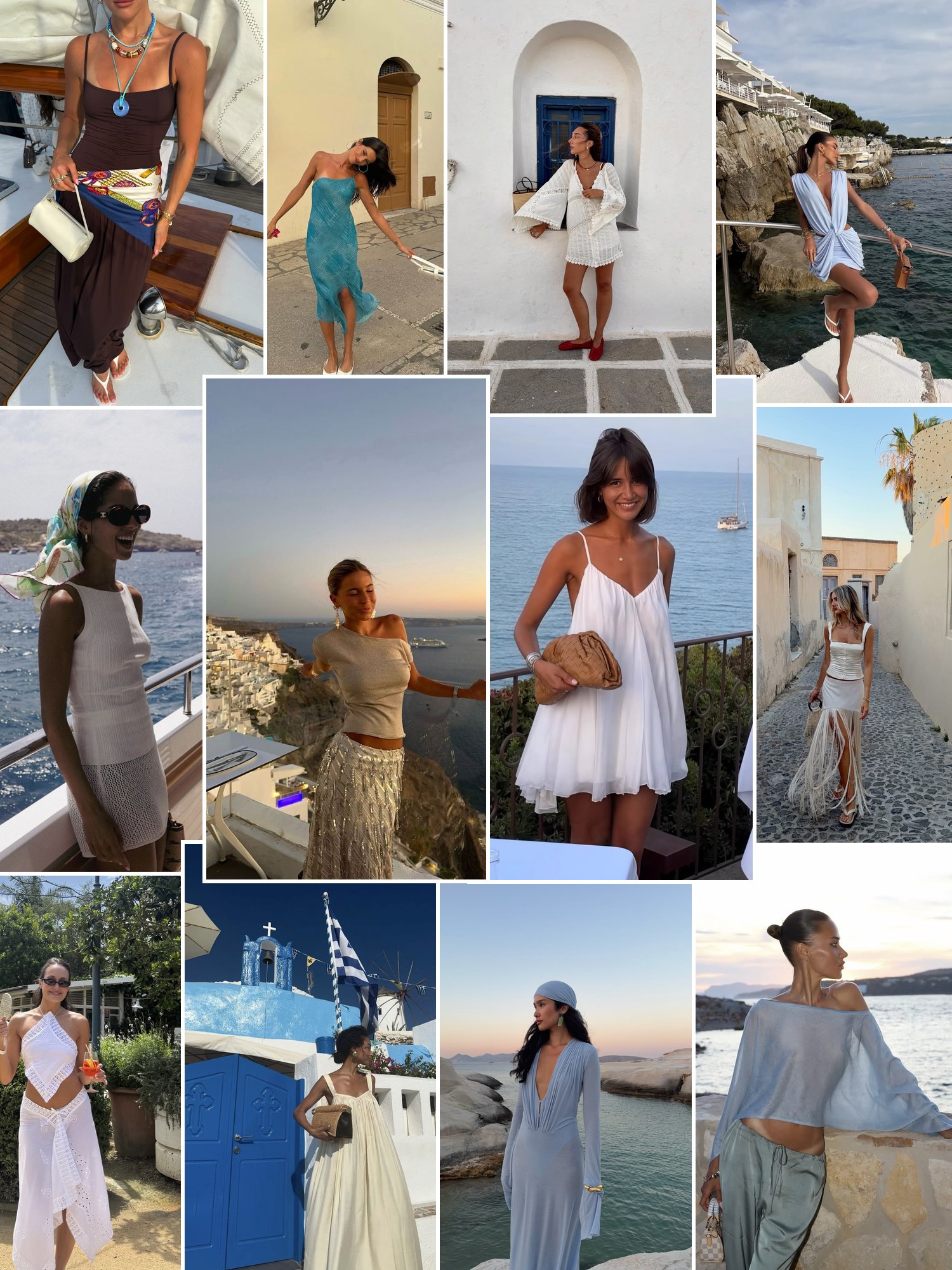 A mood board of editorial and street-style photos for Packing for Greece Fashion.