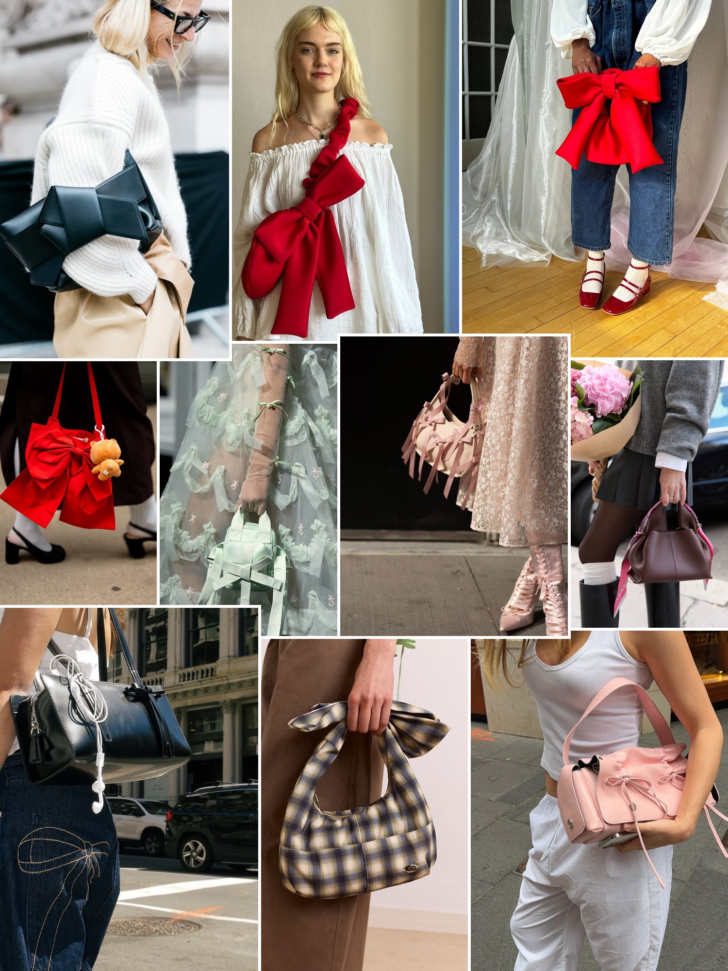 Collage of bow details and bags in street style