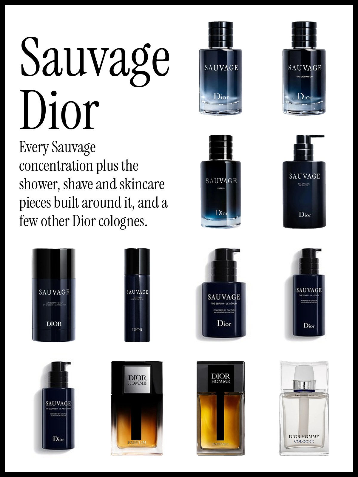 Collage of Dior Sauvage fragrances and grooming products