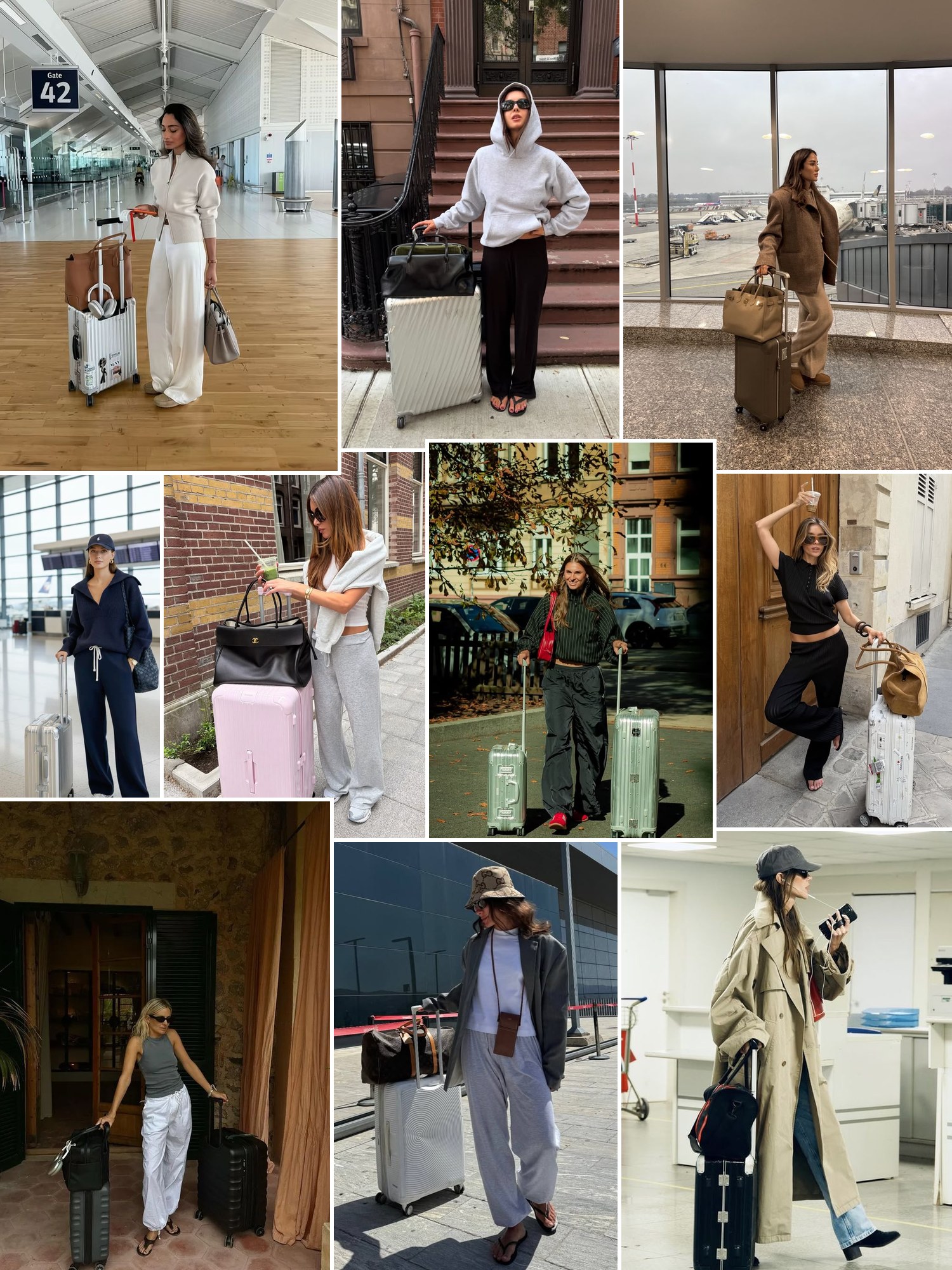 Collage of everyday outfits built around July luggage