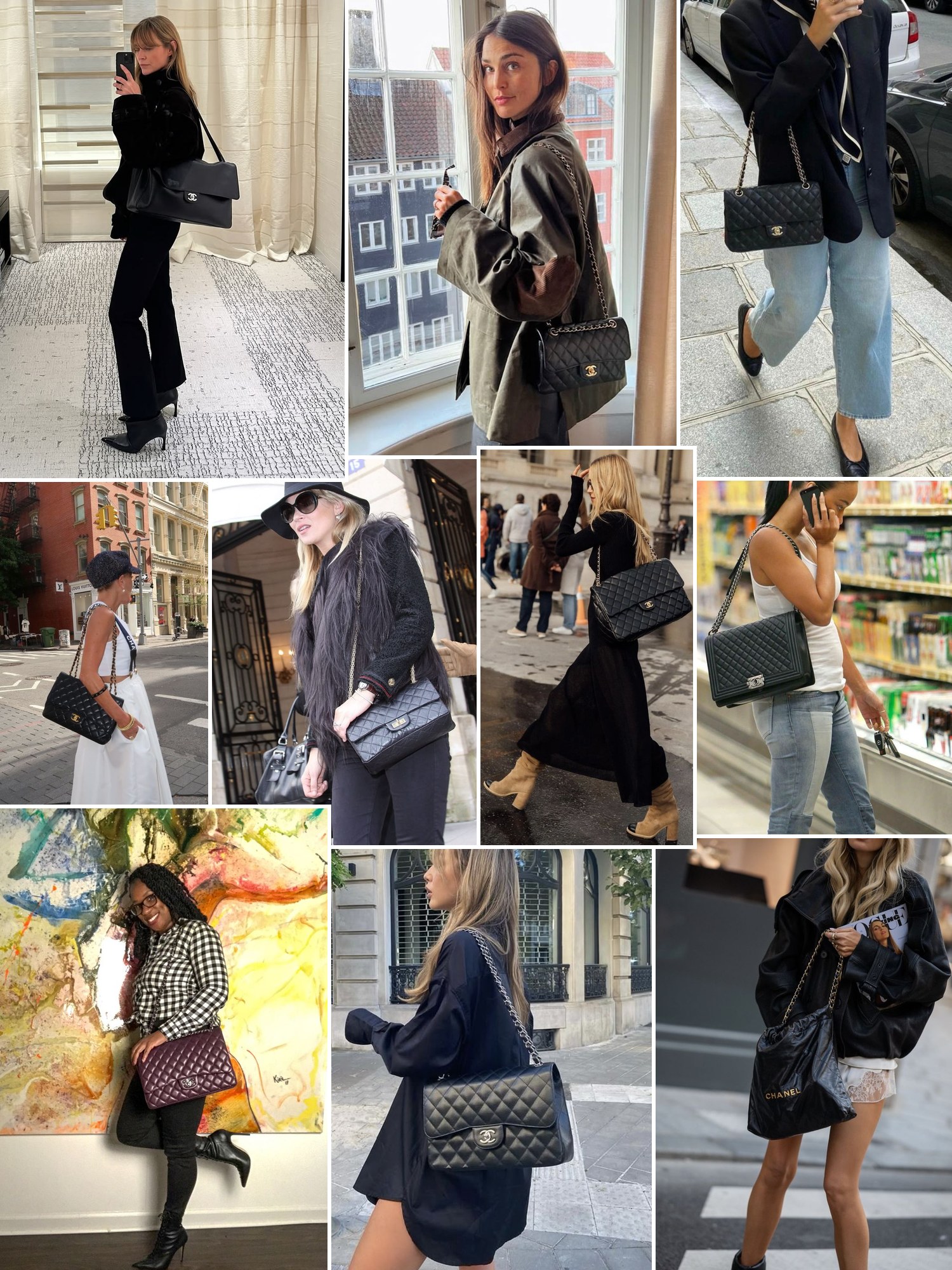 Street style collage of women wearing black, beige and red Chanel classic flap bags