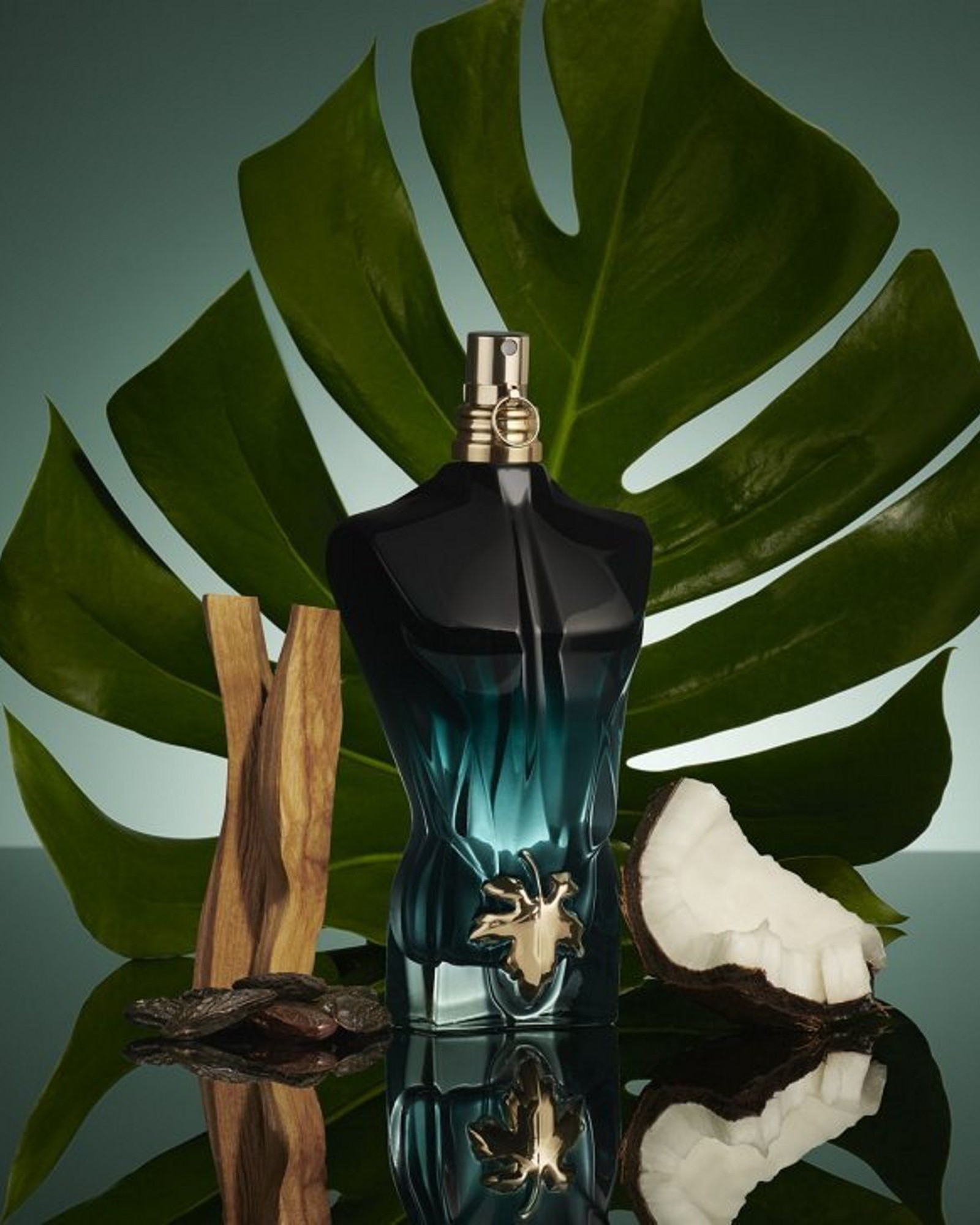 Jean Paul Gaultier Le Beau Le Parfum bottle standing in front of a monstera leaf with wood and coconut shell