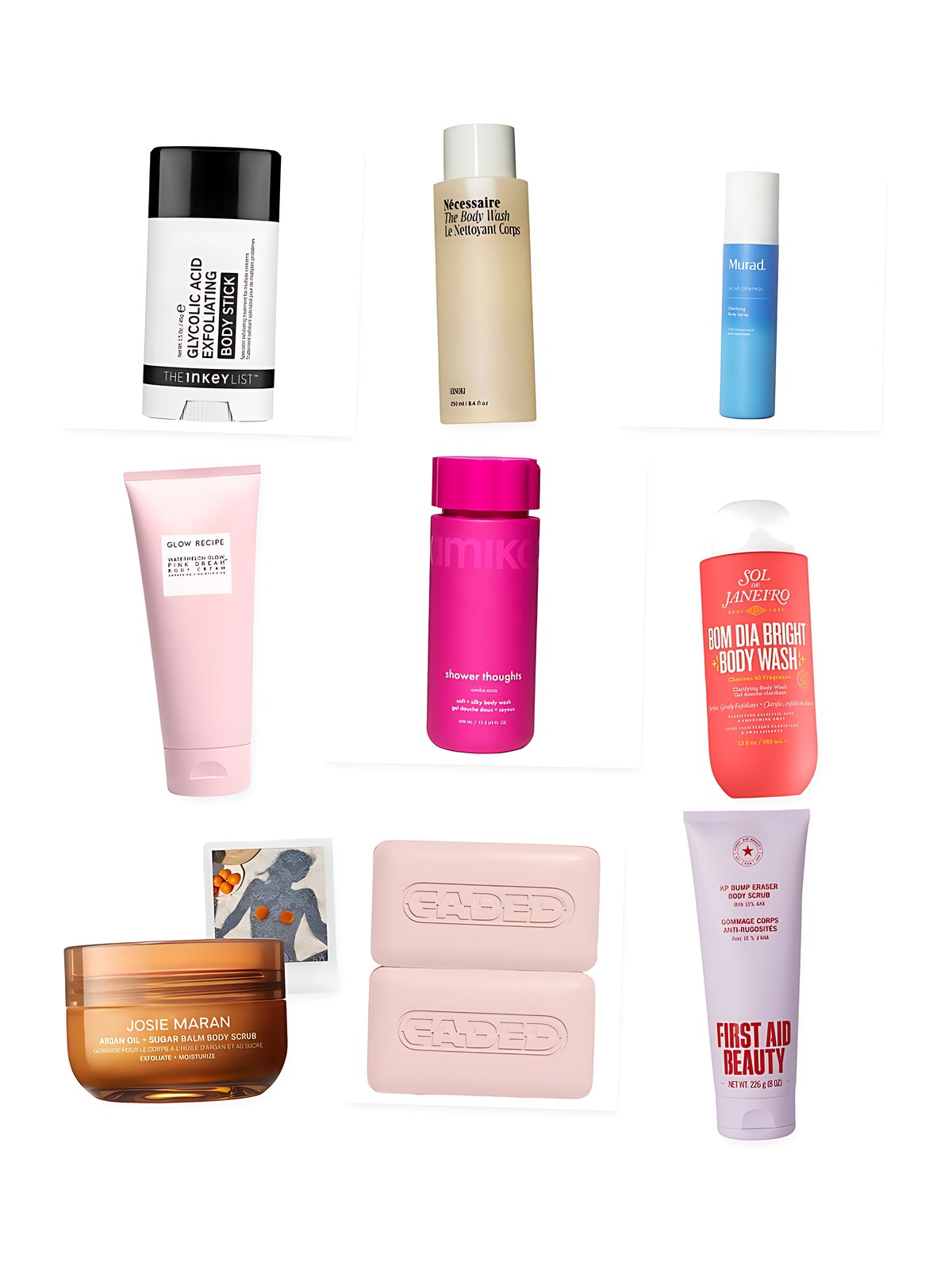 Collage on a white background showing amika Shower Thoughts Soft + Silky Body Wash with AHA and Glycerin, Glow Recipe Watermelon Glow AHA Pink Dream Body Cream, First Aid Beauty KP Bump Eraser Body Scrub with 10% AHA – Body Exfoliant for Keratosis Pilaris, Sol de Janeiro Bom Dia Bright™ Clarifying AHA BHA Body Wash, The INKEY List Glycolic Acid Exfoliating Body Stick, Josie Maran Topless Tangerine - Argan Oil + Sugar Balm Refillable Exfoliating Body Scrub Jar, Nécessaire The Body Wash Hinoki - Treatment Softening Cleanse with AHA/BHA/PHA + Resveratrol, Murad Clarifying Body Spray with Salicylic Acid and Topicals Faded Brightening & Cleansing Body Bar for Uneven Skin Tone (2 Pack).