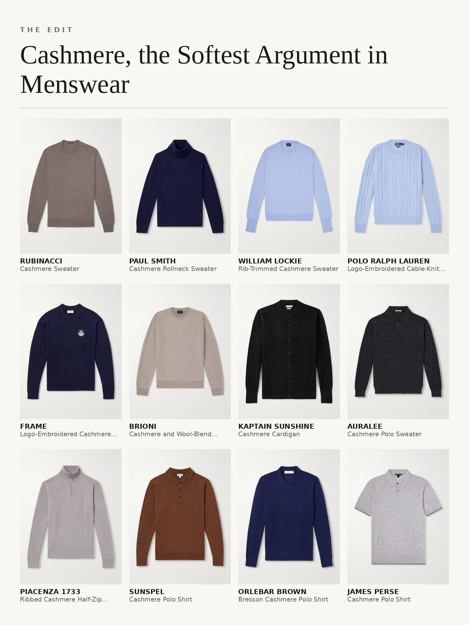 Collage of cashmere menswear: rollneck sweaters, half-zips, zip-up cardigans, sweatpants and cashmere polo shirts