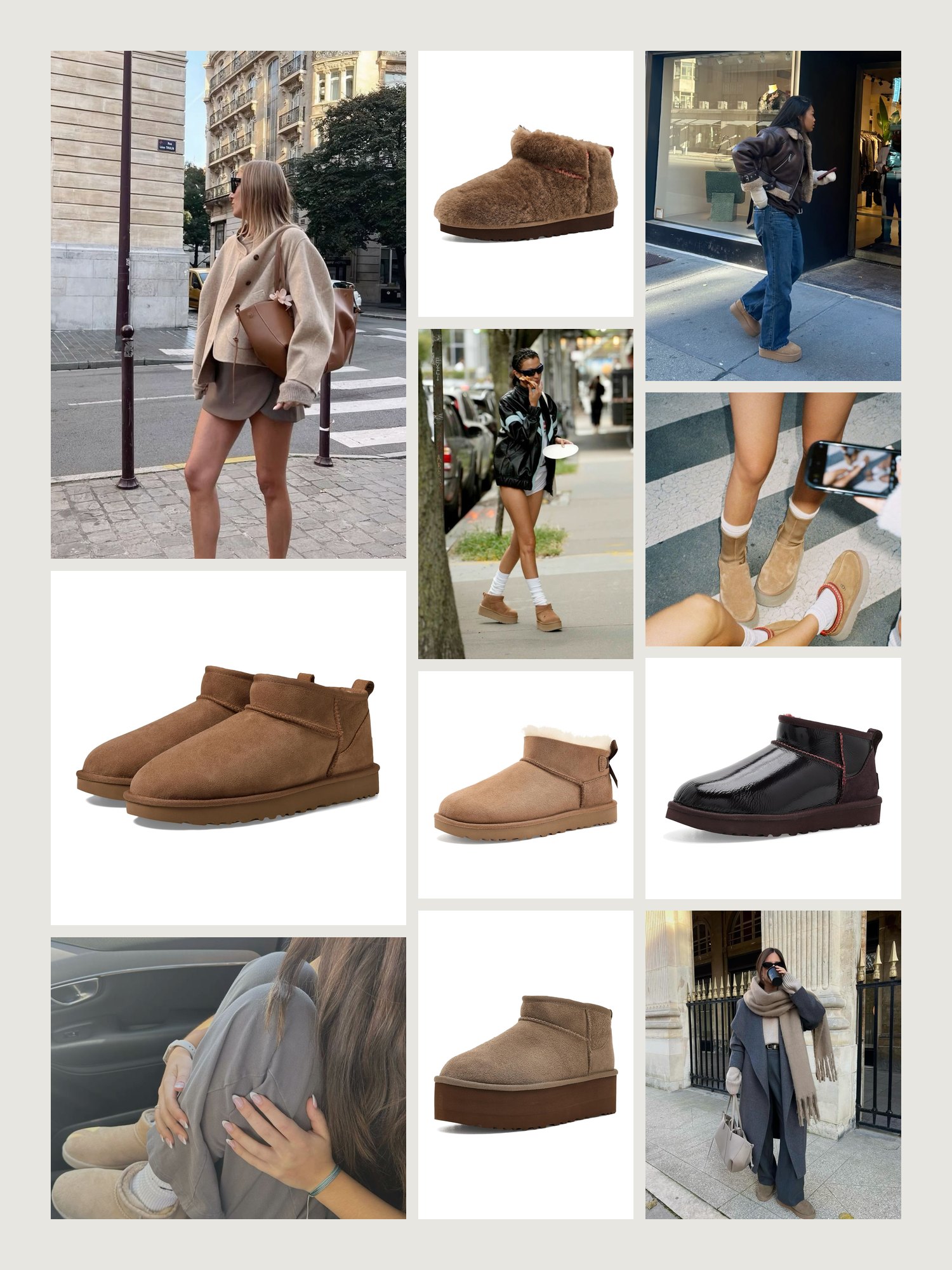 A mood board of Classic Ultra Mini boots worn on city streets with jeans, leggings and coats, with the chestnut, Fluffed, Bailey Bow, platform and Crinkle styles
