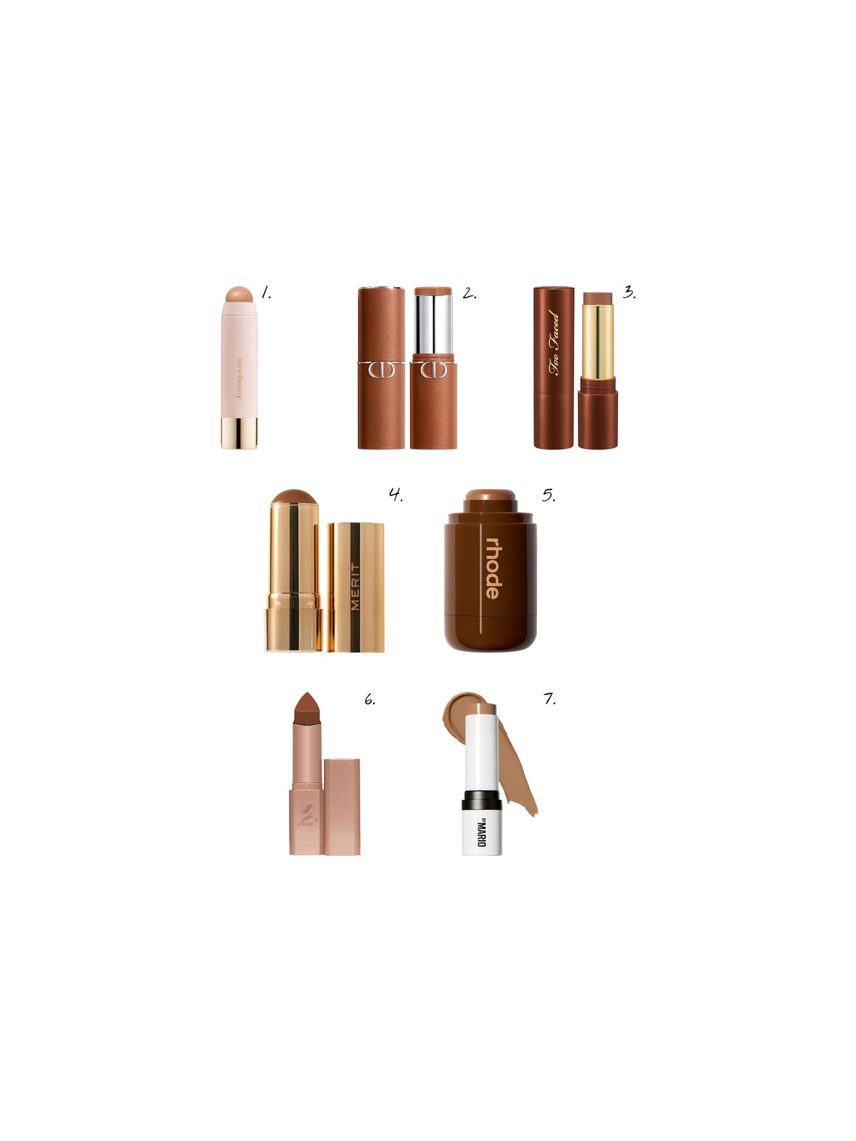 Numbered collage: 1. Rare Beauty by Selena Gomez Warm Wishes Effortless Cream Bronzer Stick in Power Boost; 2. Dior Forever Skin Bronze Bronzing Balm Stick – Natural Skin Finish in 02; 3. Too Faced Chocolate Soleil Melting Bronzing & Sculpting Stick in Chocolate Souffle; 4. MERIT Bronze Balm Sheer Sculpting Bronzer in Siene; 5. rhode Pocket Bronze Long-Wearing Cream Bronzer in sip; 6. LYS Beauty No Limits Cream Bronzer and Contour Stick in Honest; 7. MAKEUP BY MARIO SoftSculpt Cream Contour & Bronzer Shaping Stick in Light Medium