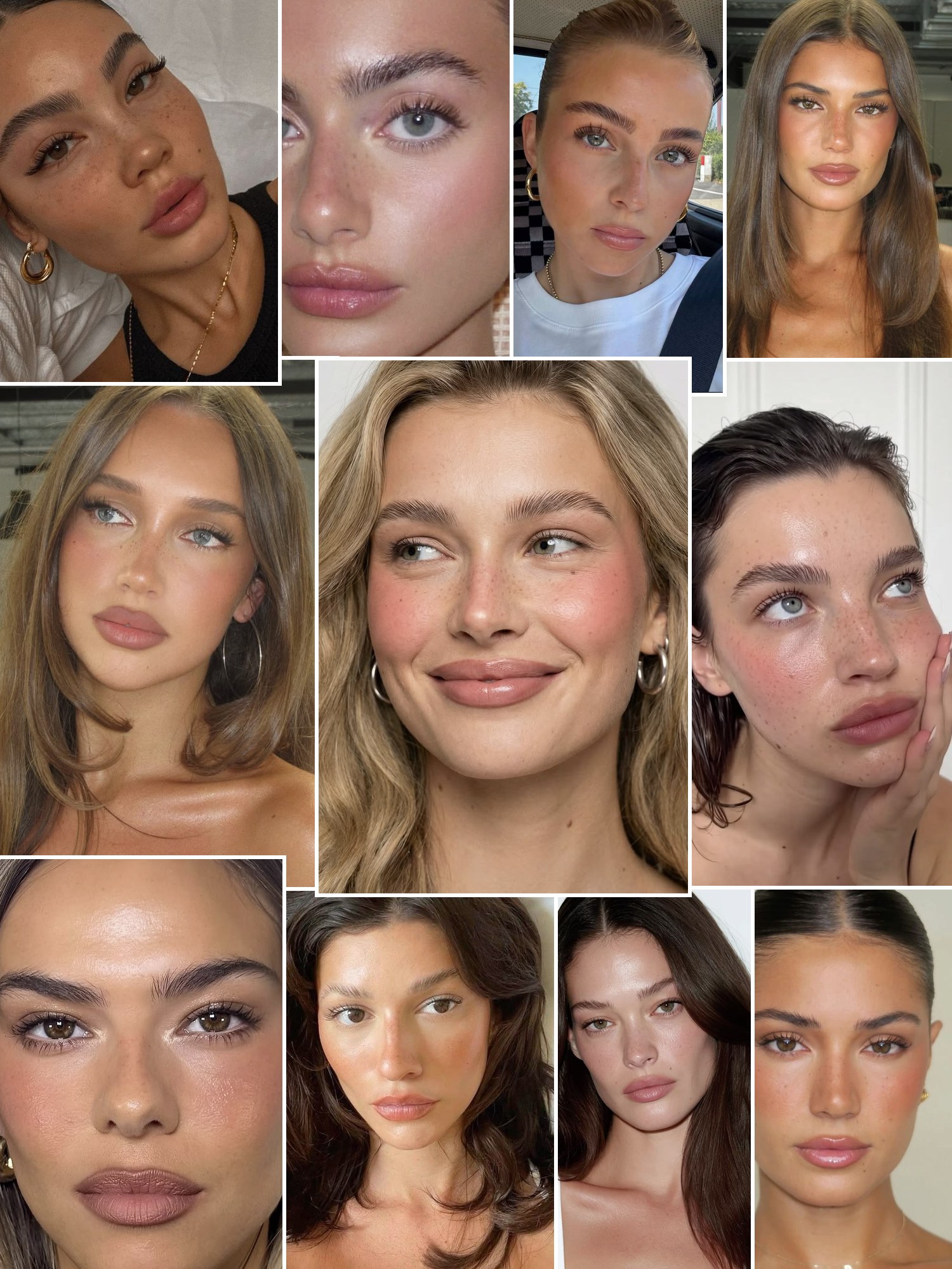 Collage of clean makeup looks with natural lashes
