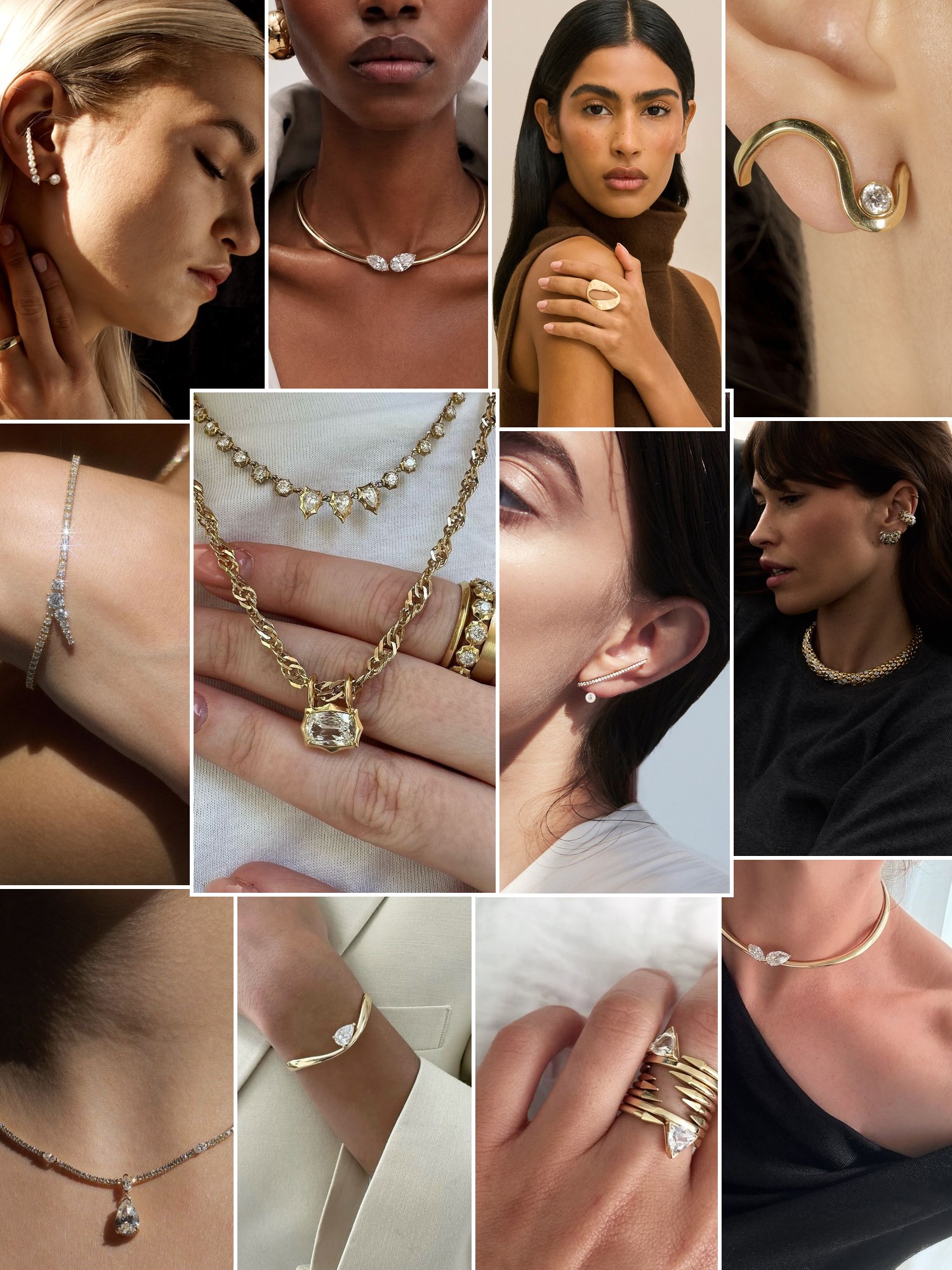 Collage of rings, earrings and layered necklaces worn up close, in the spirit of KATKIM