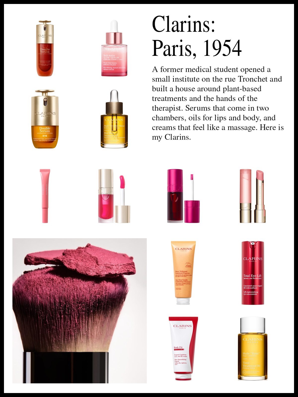 Collage of serums, lip oils, cleansers and body care beside a close-up photo of a broken magenta blush cake crumbling over the top of a full, soft brush.