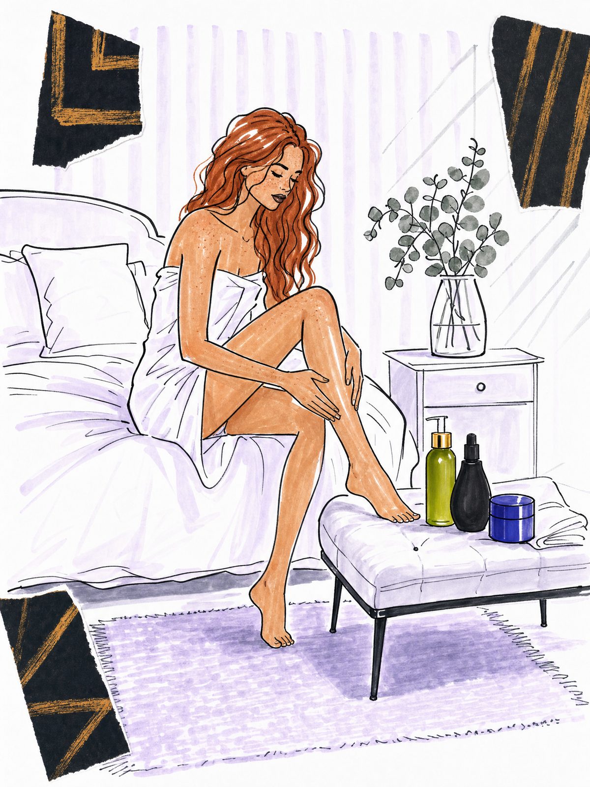 Illustration of a red-haired woman wrapped in a white towel on the edge of a bed, smoothing body oil down her leg, with a green body oil bottle, a black teardrop bottle and a cobalt body butter jar on the bench