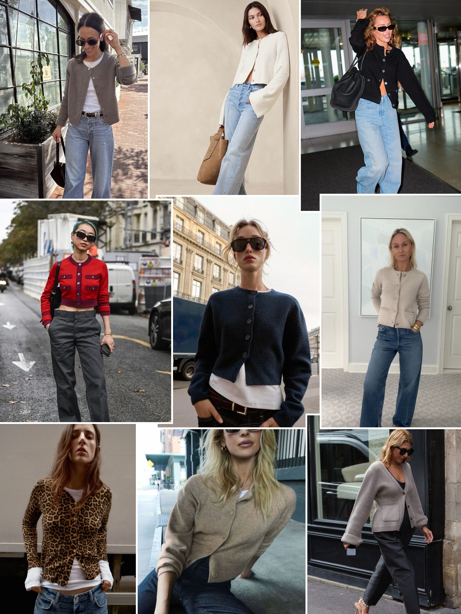 Street style collage of women in cropped cardigans with high-waisted jeans and skirts
