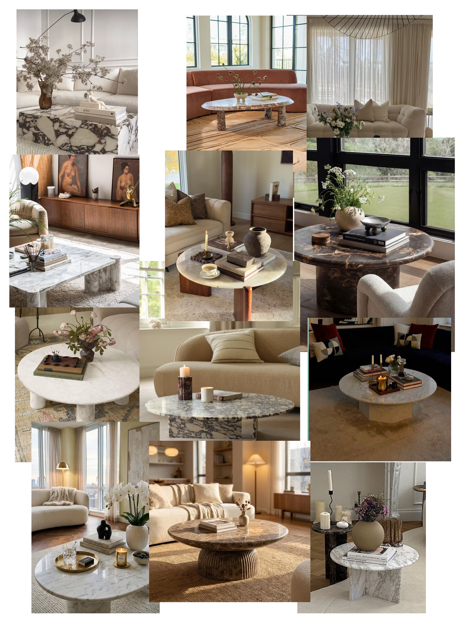Collage of living rooms styled around round and oval marble coffee tables