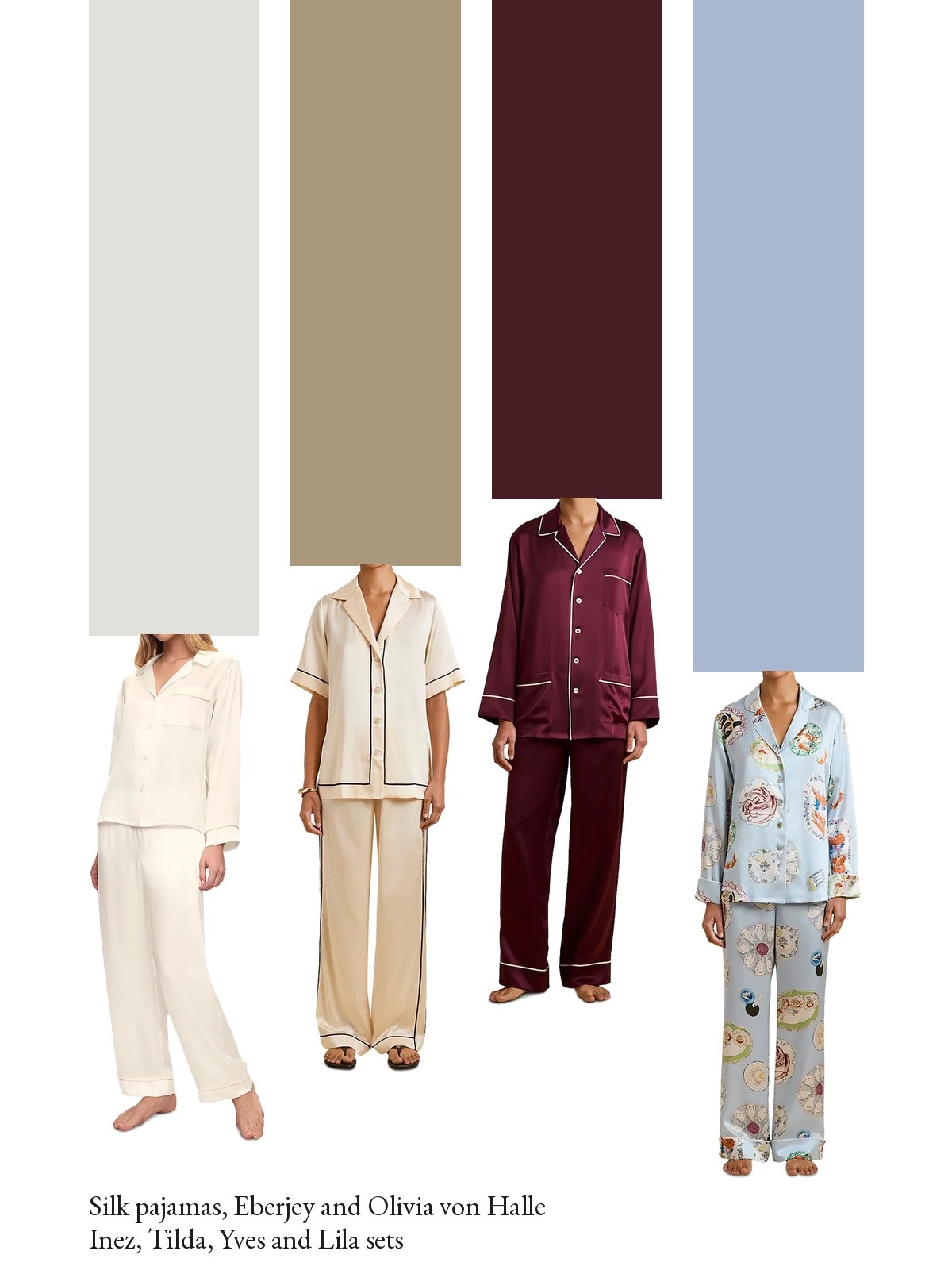Collage of four silk pajama sets from this edit under tonal colour bars: the Eberjey Inez Washable Silk Long Pajama Set and the Olivia von Halle Tilda, Yves and Lila silk pajama sets.