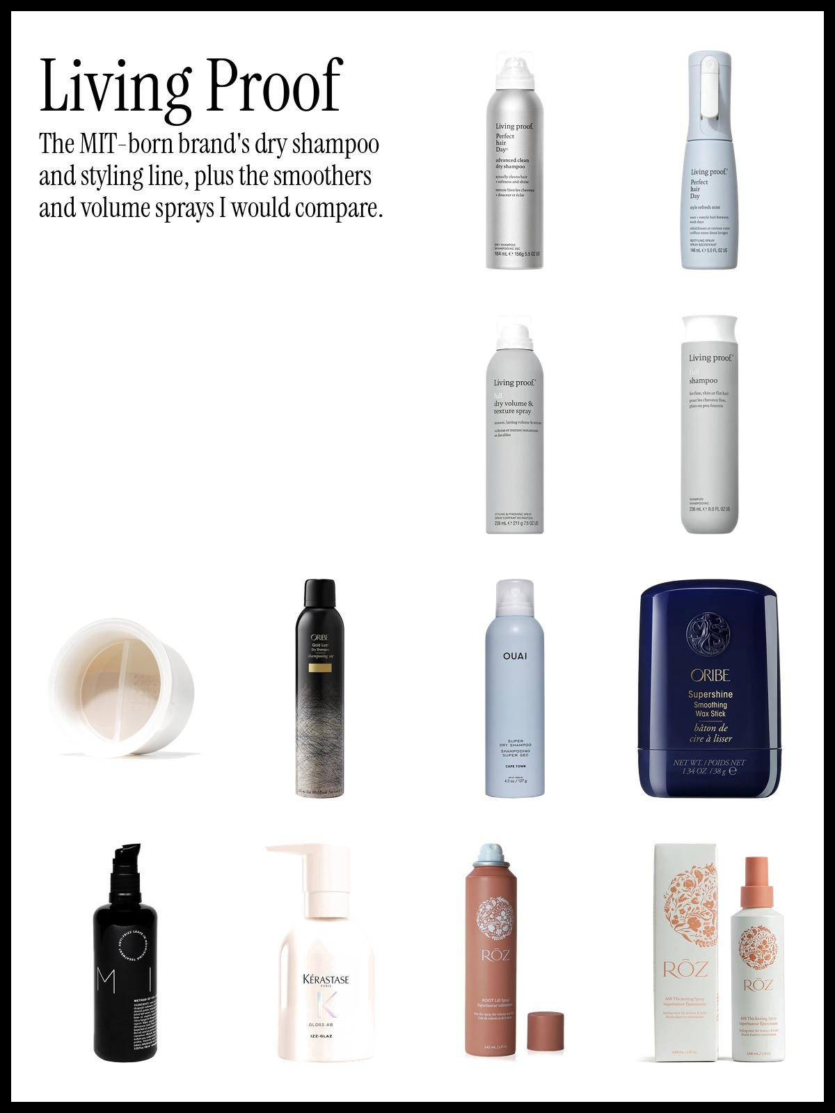 Collage of Living Proof Perfect hair Day Advanced Clean Dry Shampoo, Style Refresh Hair Mist and Crown Affair The Dry Shampoo