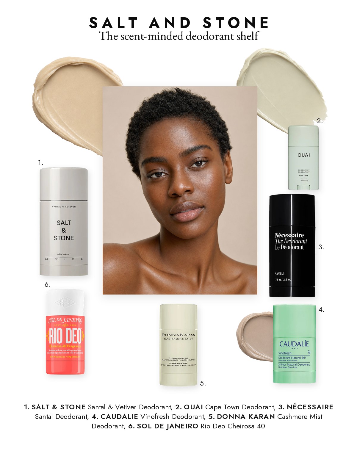 Magazine-page collage featuring deodorants from Salt & Stone, Nécessaire, OUAI, Caudalie, Donna Karan, and Sol de Janeiro.