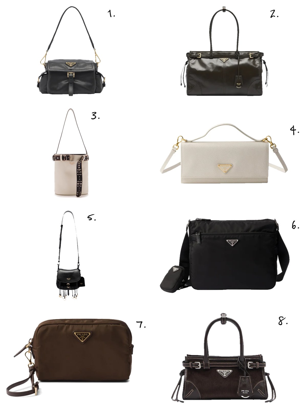 Eight Prada bags numbered one to eight