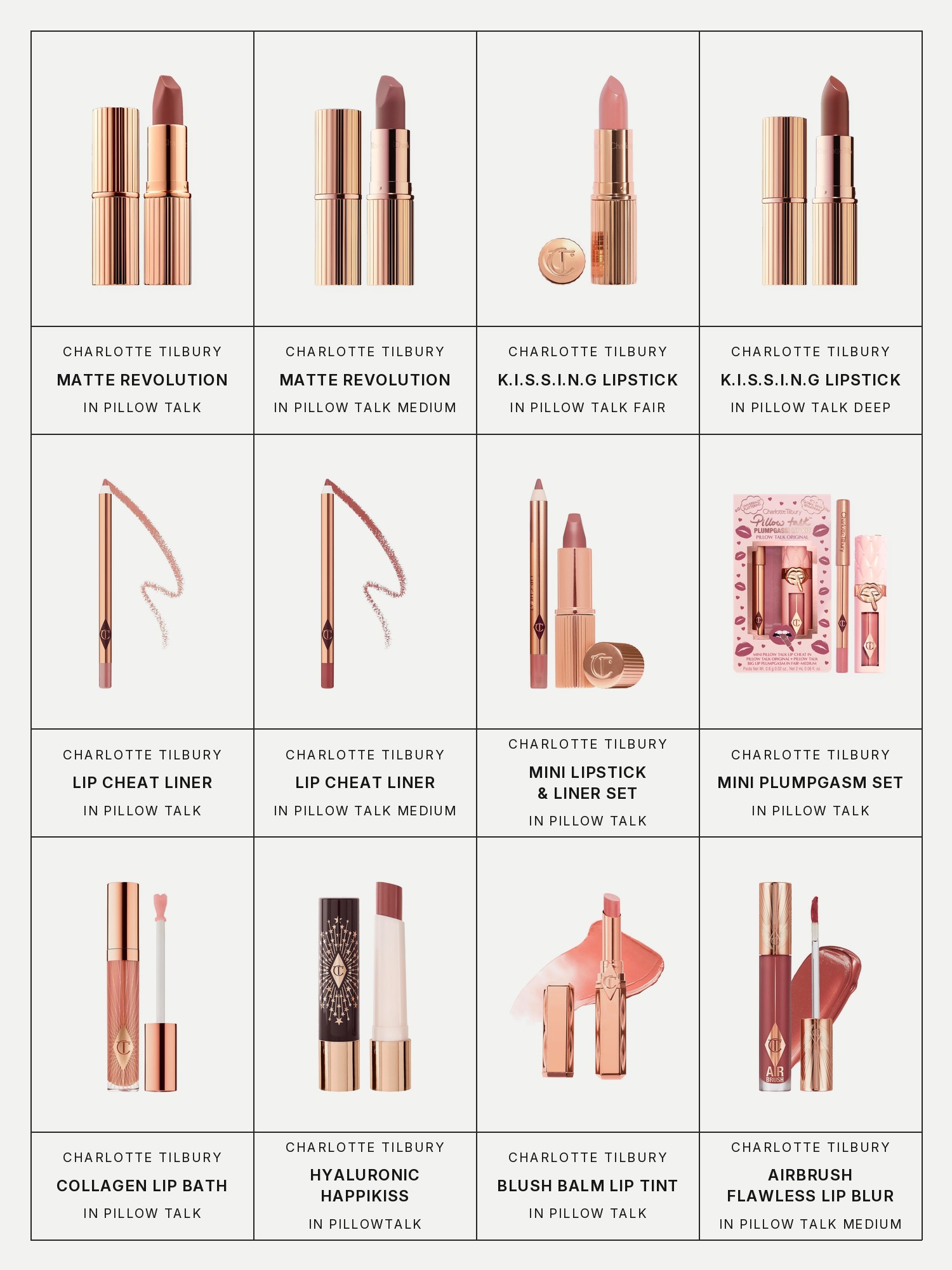 Twelve boxes on a pale gray page, one for each product in this edit, each with its brand and name printed below: Charlotte Tilbury Matte Revolution Hydrating Lipstick in Pillow Talk, Charlotte Tilbury Matte Revolution Hydrating Lipstick in Pillow Talk Medium, Charlotte Tilbury K.I.S.S.I.N.G Satin Shine Lipstick in Pillow Talk Fair, Charlotte Tilbury K.I.S.S.I.N.G Satin Shine Lipstick in Pillow Talk Deep, Charlotte Tilbury Lip Cheat Long-Lasting Waterproof Lip Liner in Pillow Talk, Charlotte Tilbury Lip Cheat Long-Lasting Waterproof Lip Liner in Pillow Talk Medium, Charlotte Tilbury Mini Pillow Talk Lipstick & Liner Set in Pillow Talk, Charlotte Tilbury Mini Pillow Talk Plumpgasm Lip Liner and Lip Gloss Set in Pillow Talk, Charlotte Tilbury Collagen Lip Bath Gloss in Pillow Talk, Charlotte Tilbury Hyaluronic Happikiss Lipstick Balm in Pillowtalk, Charlotte Tilbury Pillow Talk Blush Balm Sheer Lip Tint and Charlotte Tilbury Airbrush Flawless Matte Lip Blur Liquid Lipstick in Pillow Talk Medium Blur.