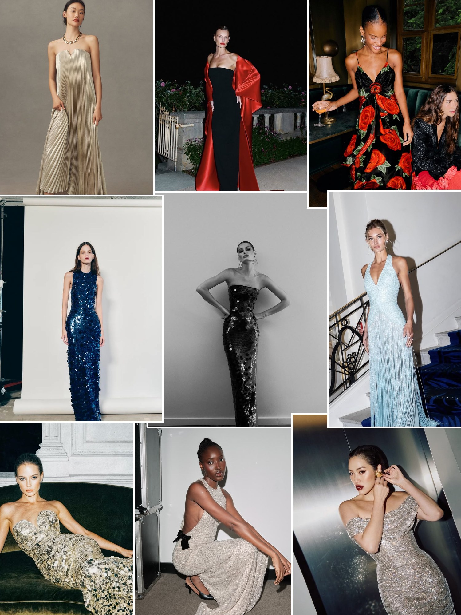 Collage of sequin and metallic black tie looks